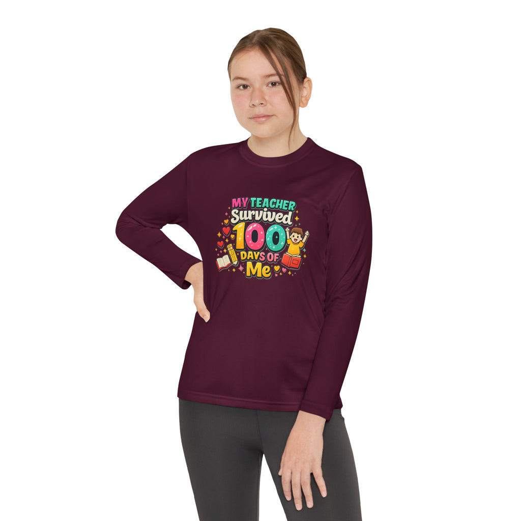 Kids Long Sleeve Tee — “My Teacher Survived 100 Days of Me” Colorful Celebration Shirt