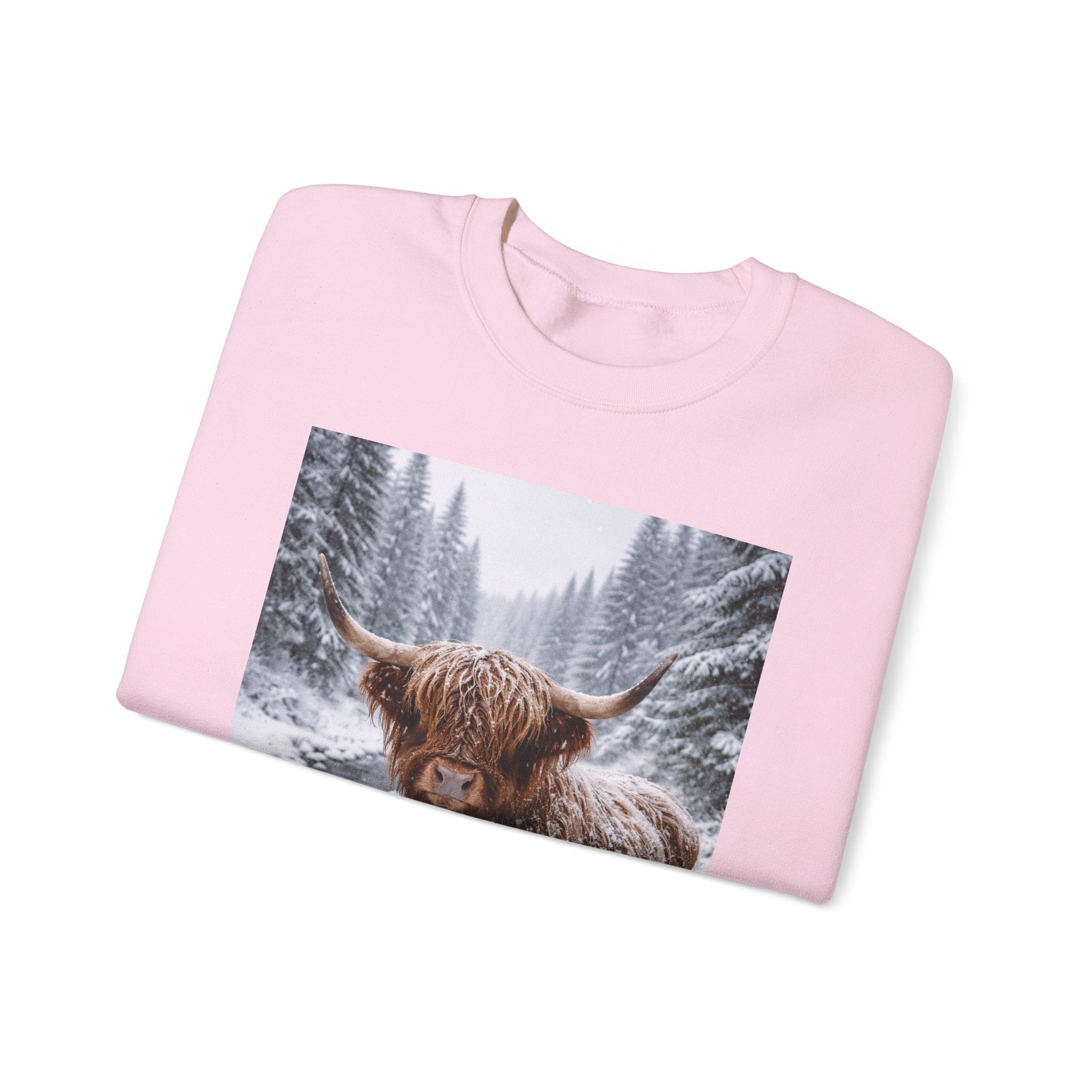 Highland Cow in Snow Crewneck Sweatshirt - Cozy Winter Forest Highlander Graphic