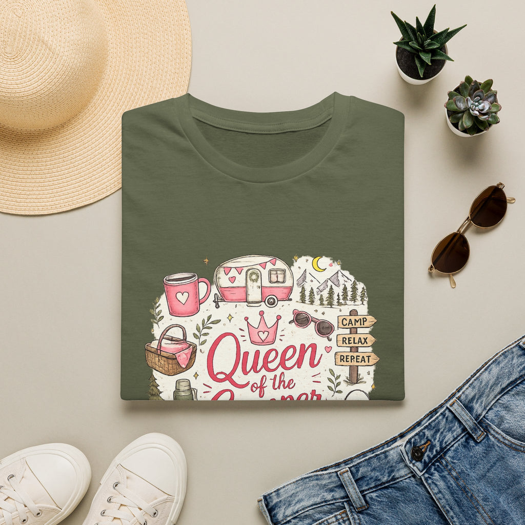 Queen of the Camper T-Shirt — Cute Pink Camping RV Graphic Tee for Women