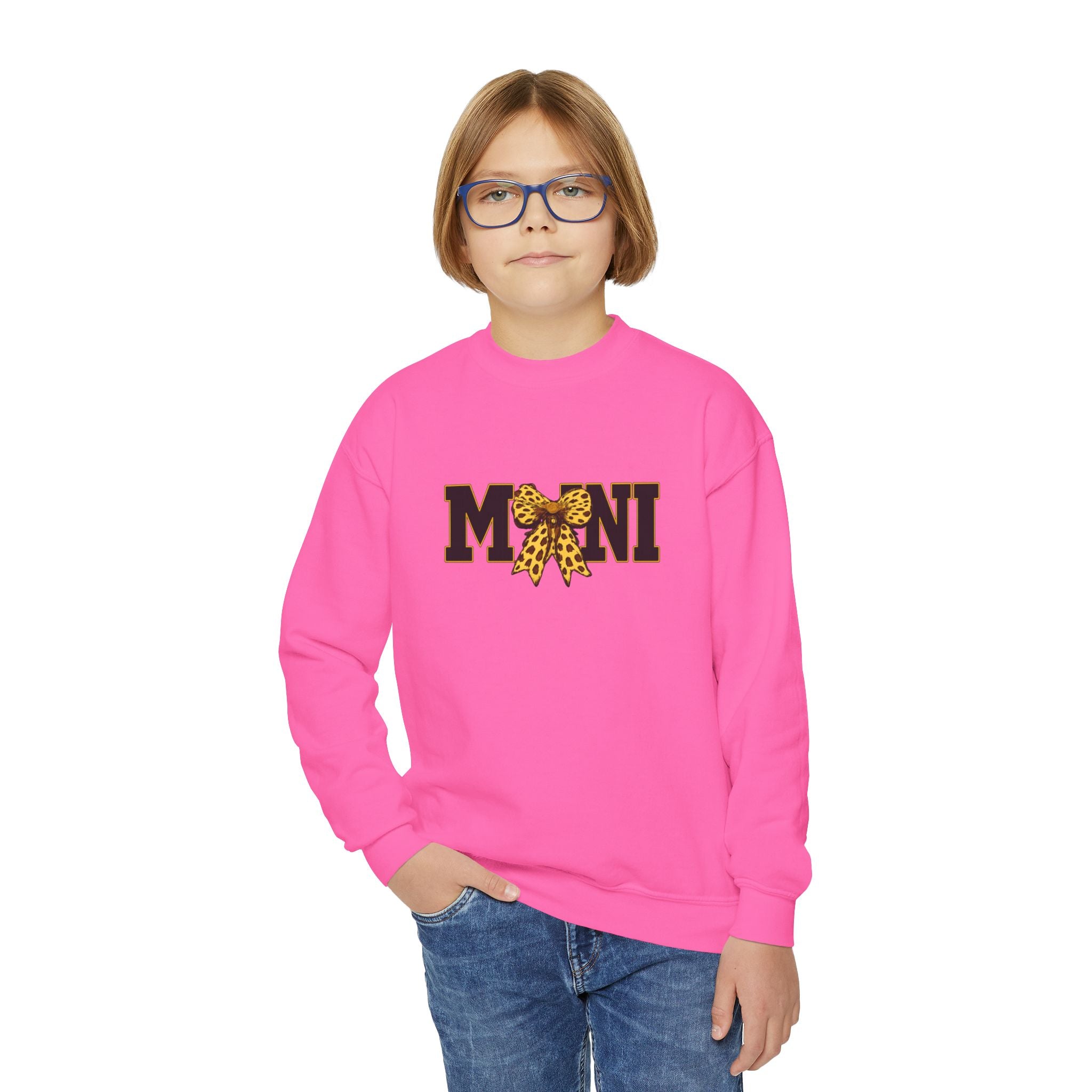 Youth 'Mini' Crewneck Sweatshirt — Leopard Bow Graphic