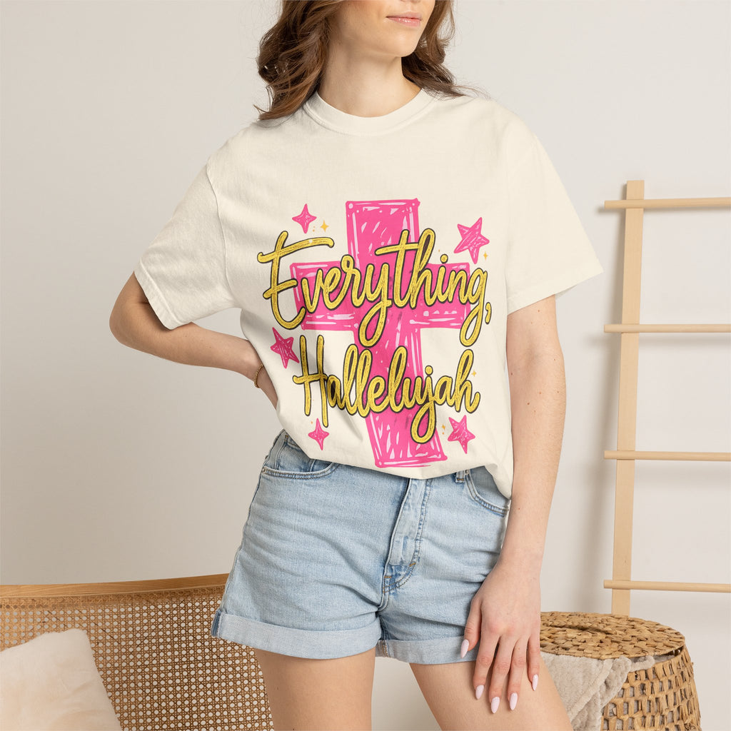 Everything, Hallelujah T-Shirt — Bright Pink Cross & Script Christian Tee