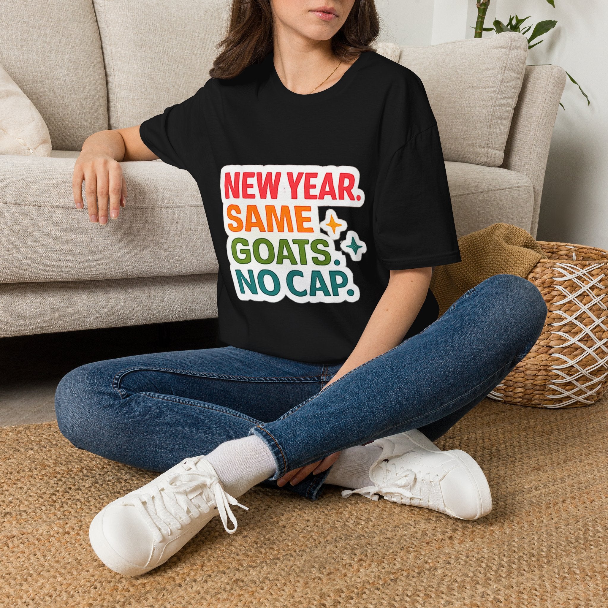 T‑Shirt — "New Year. Same Goats. No Cap." Colorful Graphic Tee for Goat Lovers & Funny New Year Celebrations