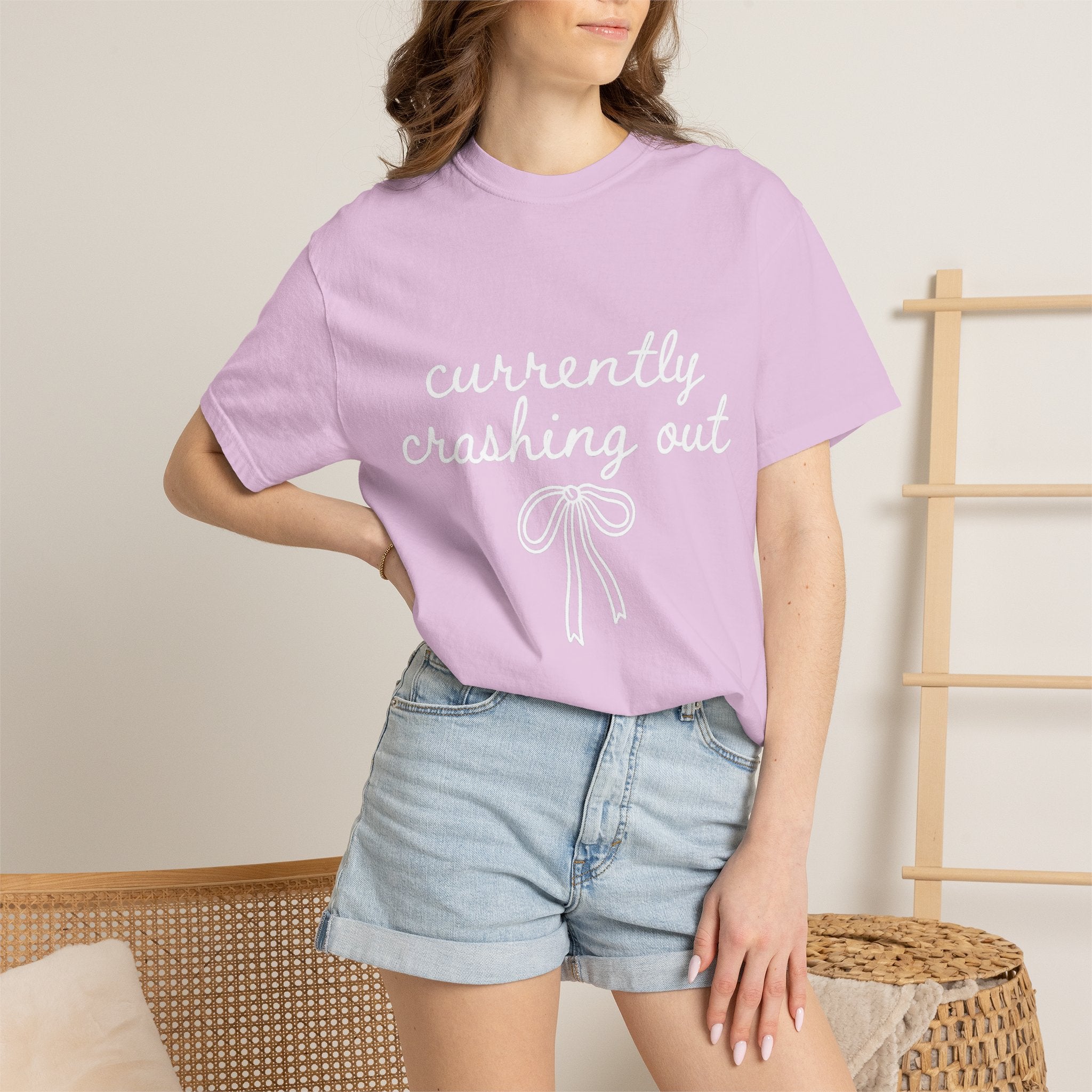 White Garment-Dyed T-Shirt — Minimal Ribbon Graphic Tee
