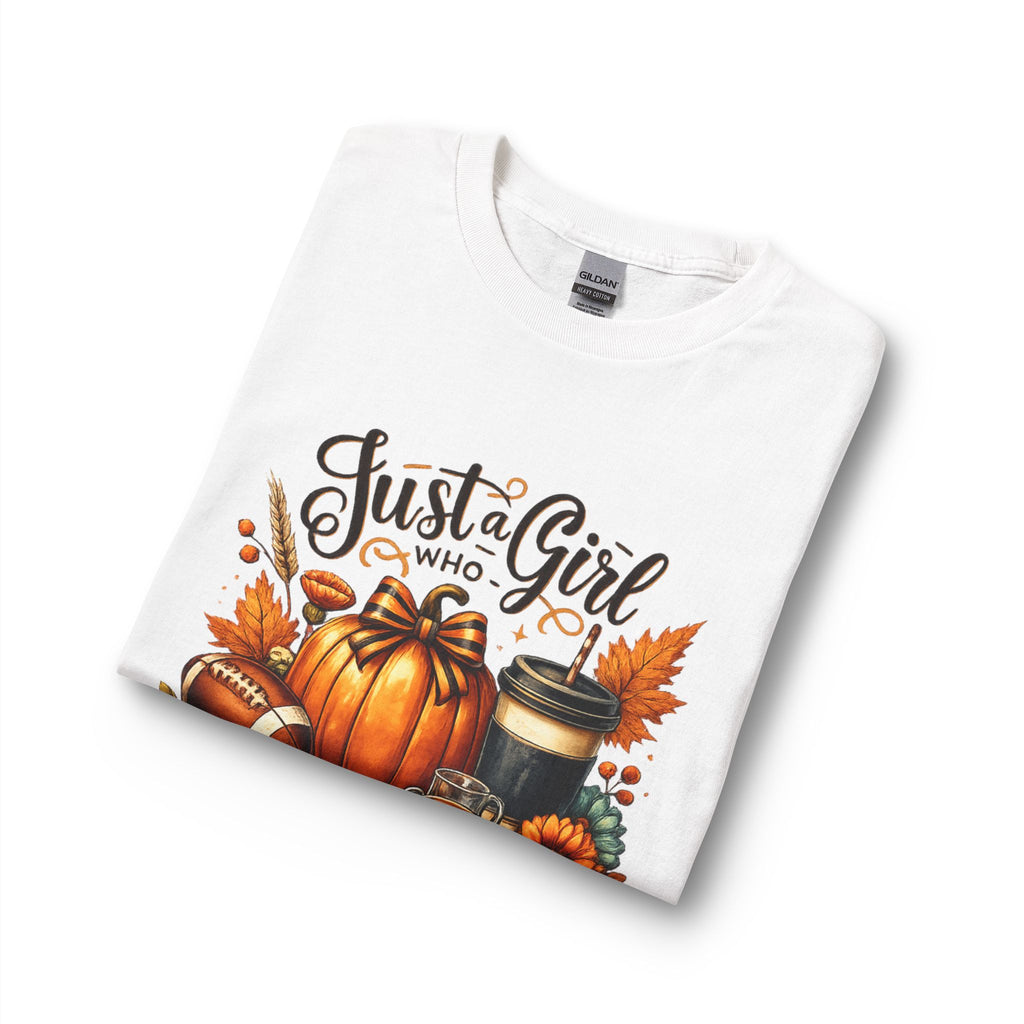 Fall Graphic Long Sleeve Tee — “Just a Girl Who Loves Fall” Pumpkin & Coffee Design