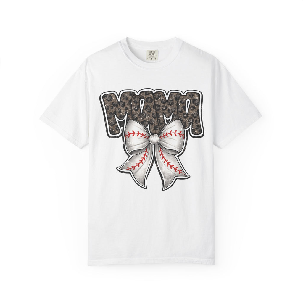 Baseball Mom T-Shirt — Camo Lettering with Baseball Bow