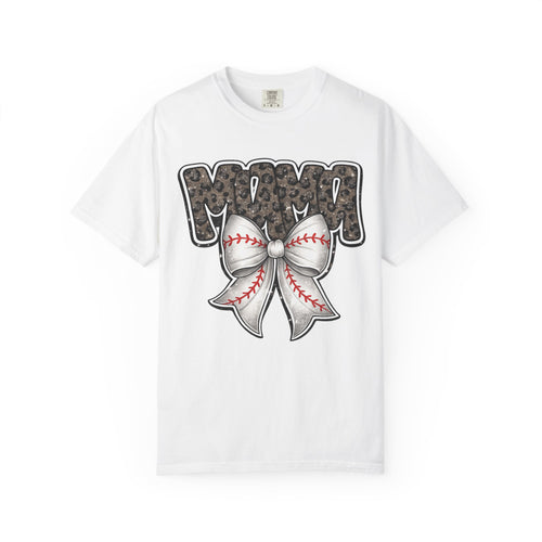 Baseball Mom T-Shirt — Camo Lettering with Baseball Bow