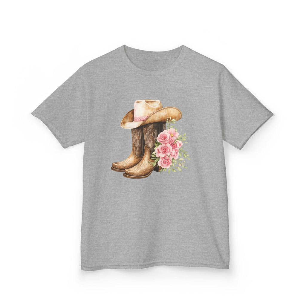 Kids Western Tee — Cowboy Hat & Boots with Pink Floral Design