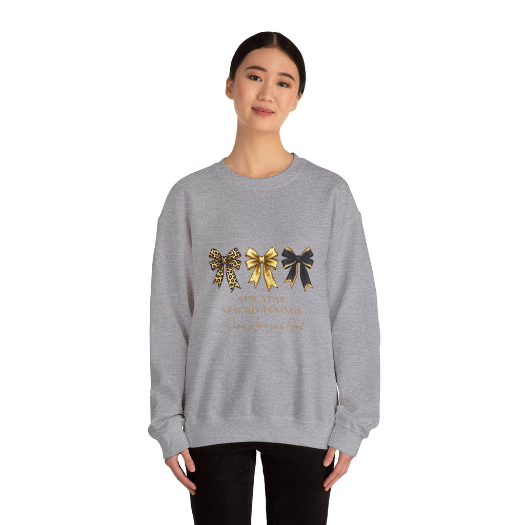 New Year Bows Crewneck Sweatshirt — “New Year New Beginnings” Glitter Bow Design