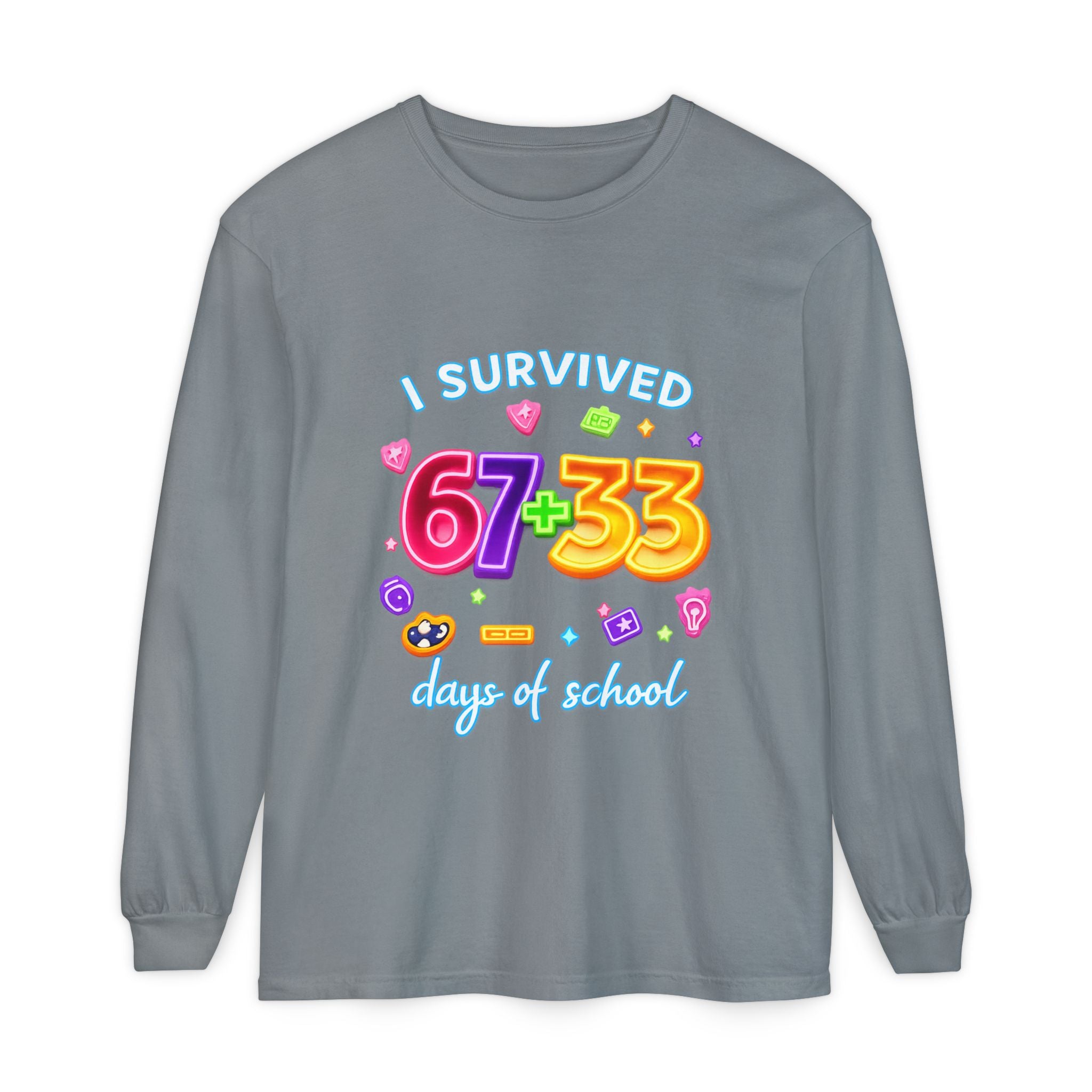 Long Sleeve T‑Shirt "I Survived 67+33 Days of School" — Cute Colorful End‑of‑School Celebration Tee