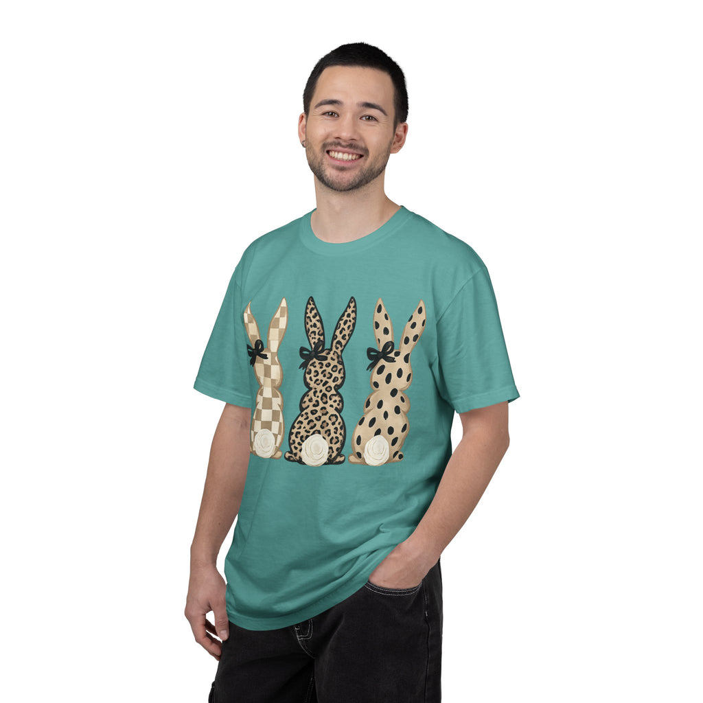 Easter Bunny Trio T-Shirt — Neutral Plaid, Leopard & Polka Dot Bunnies