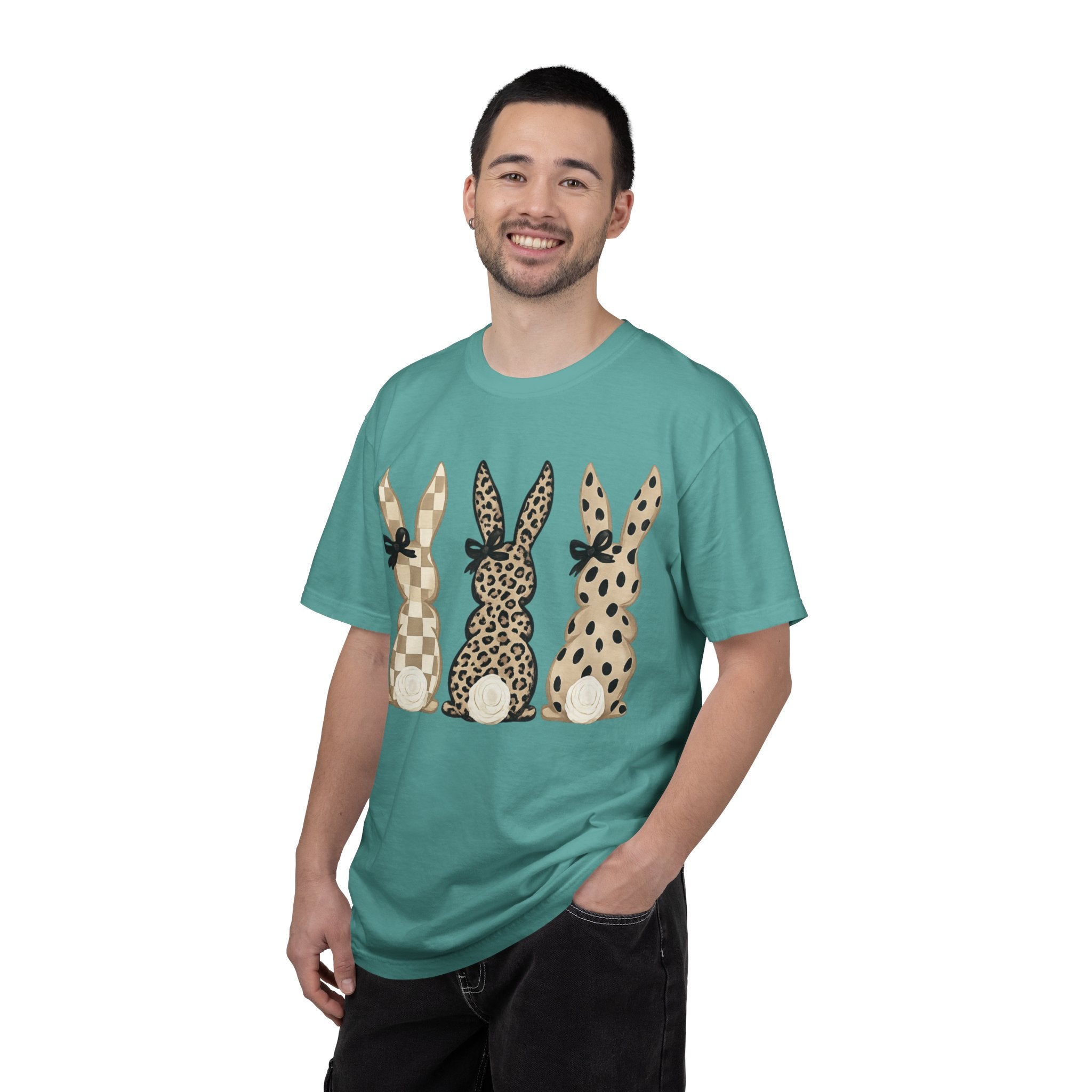 Easter Bunny Trio T-Shirt — Neutral Plaid, Leopard & Polka Dot Bunnies