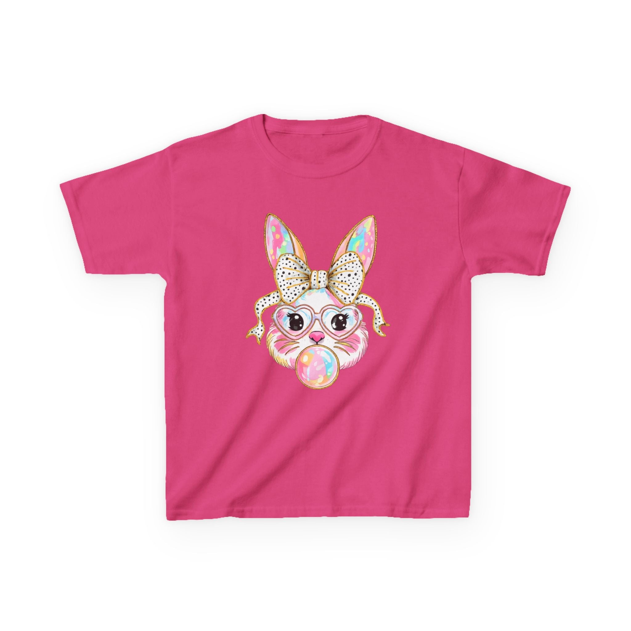 Kids Bunny Bubblegum Tee — Cute Bunny with Bow & Glasses Kids T-Shirt