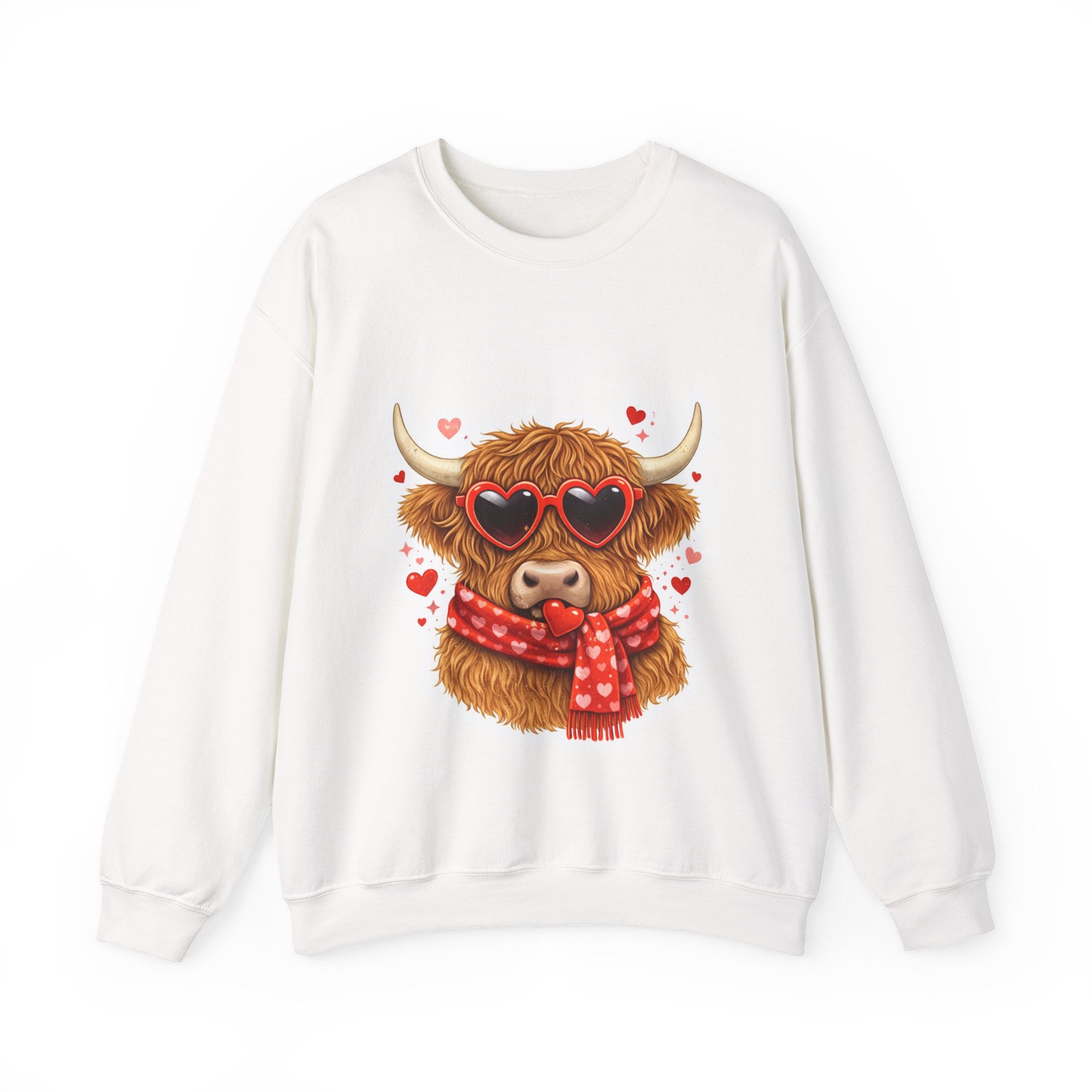 Valentine Highland Cow Sweatshirt – Cute Heart Sunglasses & Scarf Crewneck