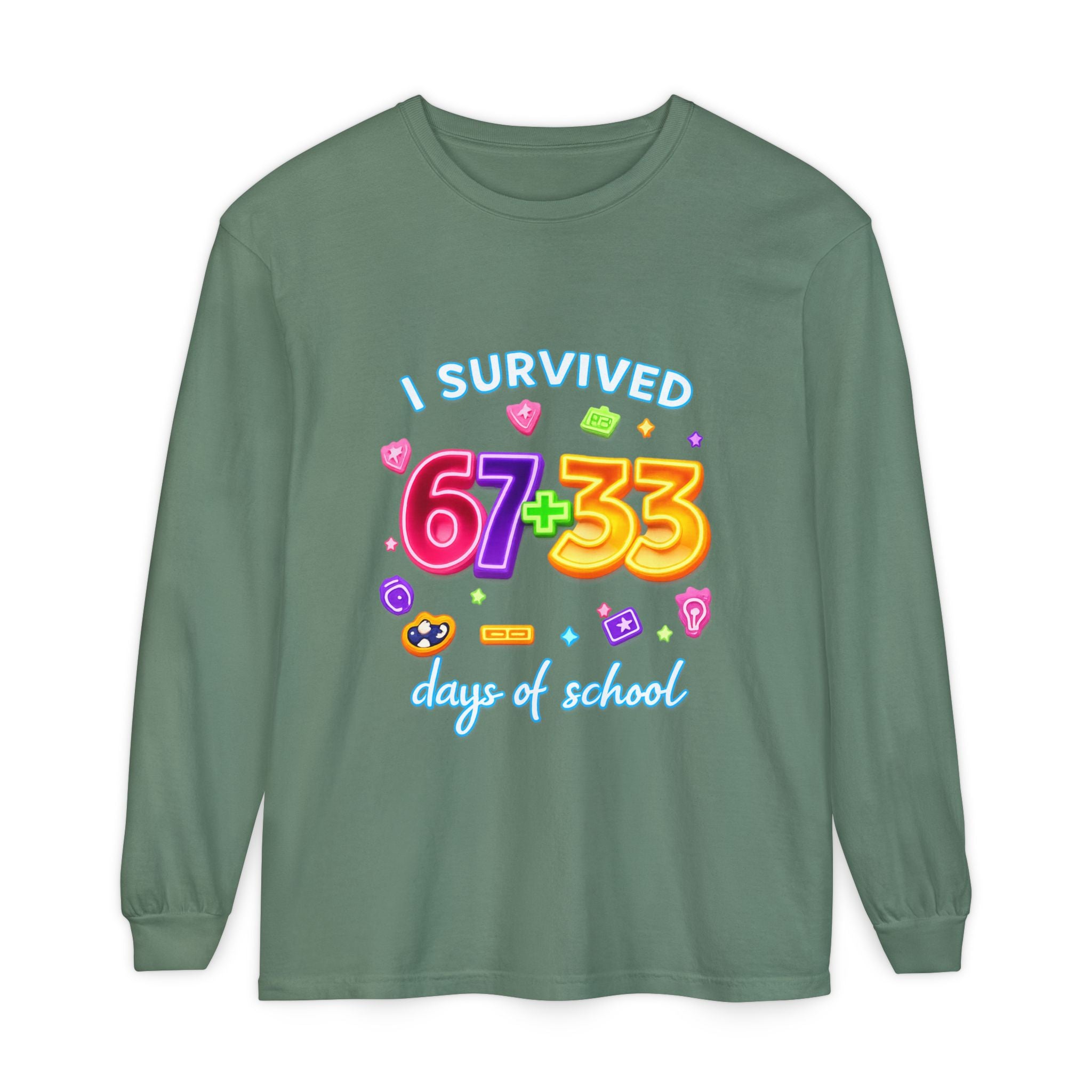 Long Sleeve T‑Shirt "I Survived 67+33 Days of School" — Cute Colorful End‑of‑School Celebration Tee