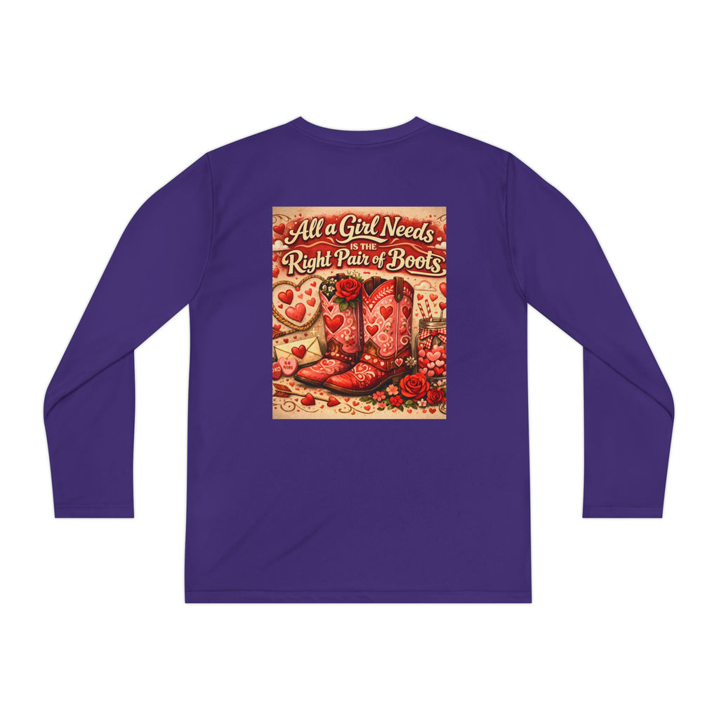 Youth Long Sleeve Tee — “All a Girl Needs is a Right Pair of Boots” Cowboy Boots Graphic
