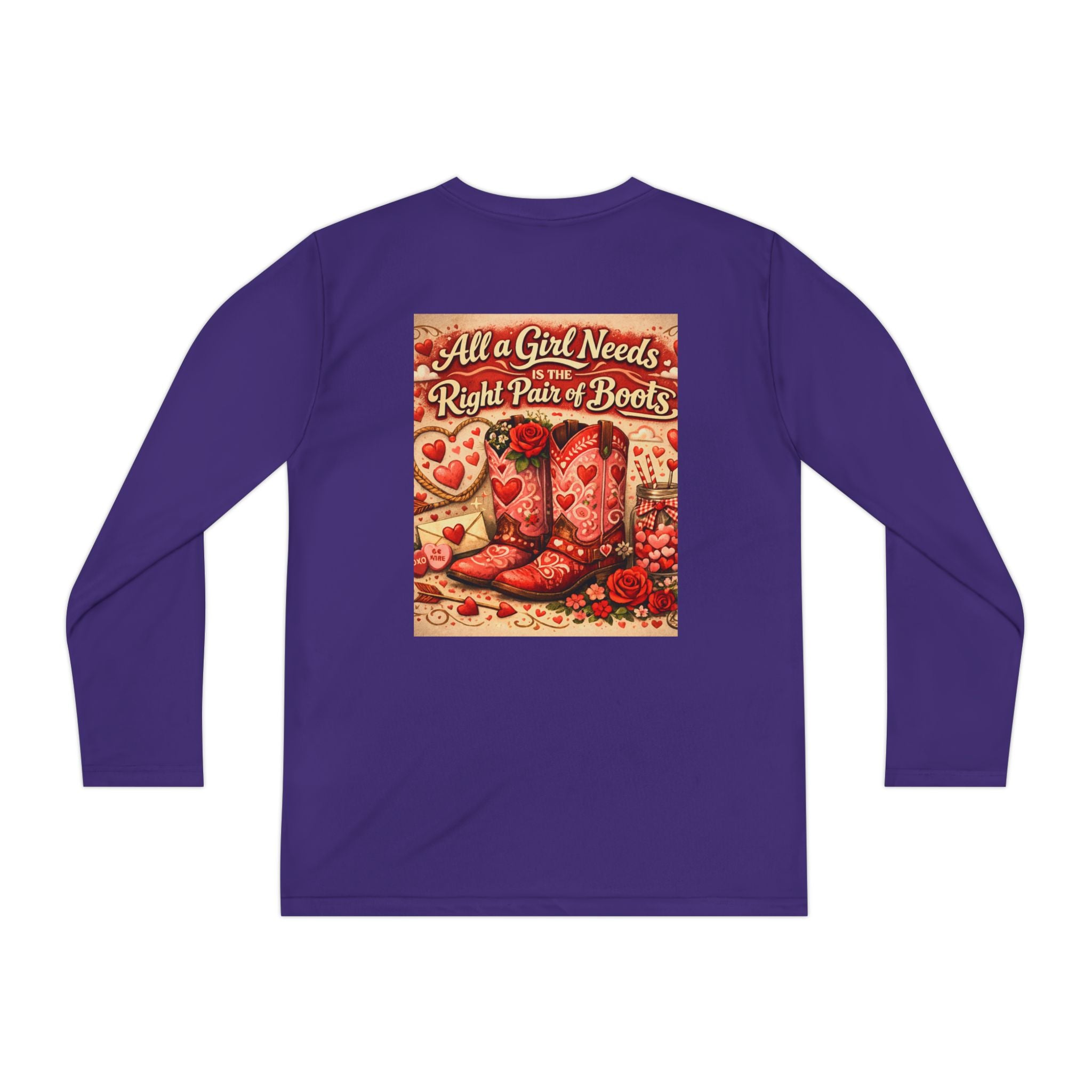 Youth Long Sleeve Tee — “All a Girl Needs is a Right Pair of Boots” Cowboy Boots Graphic