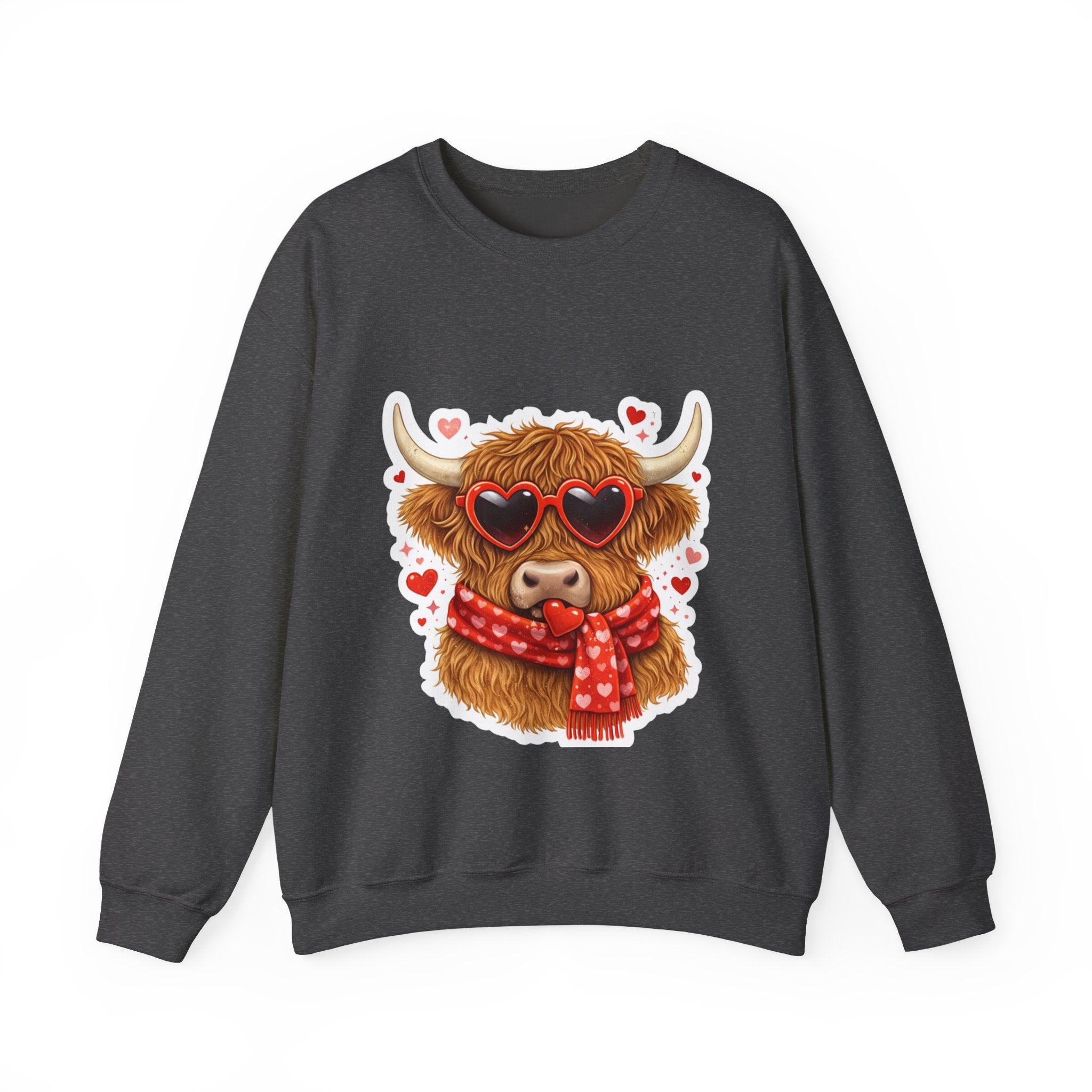 Valentine Highland Cow Sweatshirt – Cute Heart Sunglasses & Scarf Crewneck