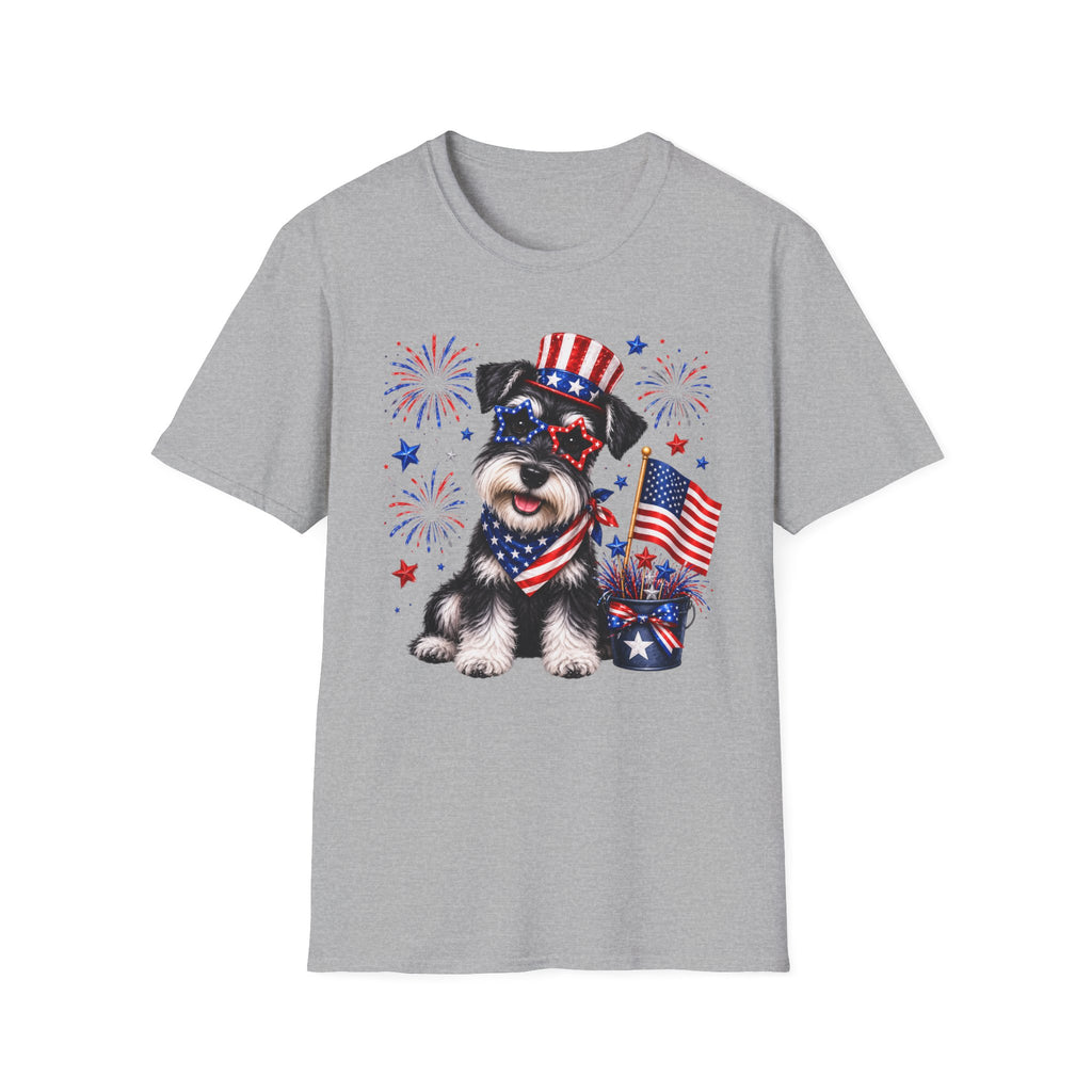 Patriotic Pup T‑Shirt — American Flag Dog with Fireworks (Fourth of July)