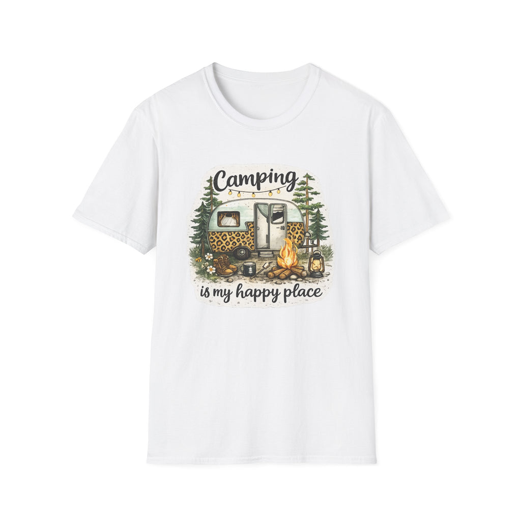 Camping Is My Happy Place T‑Shirt — Leopard Camper Graphic Tee