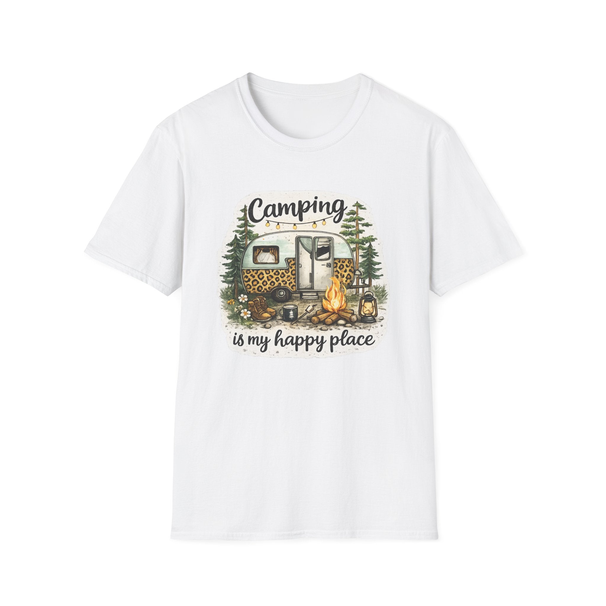 Camping Is My Happy Place T‑Shirt — Leopard Camper Graphic Tee