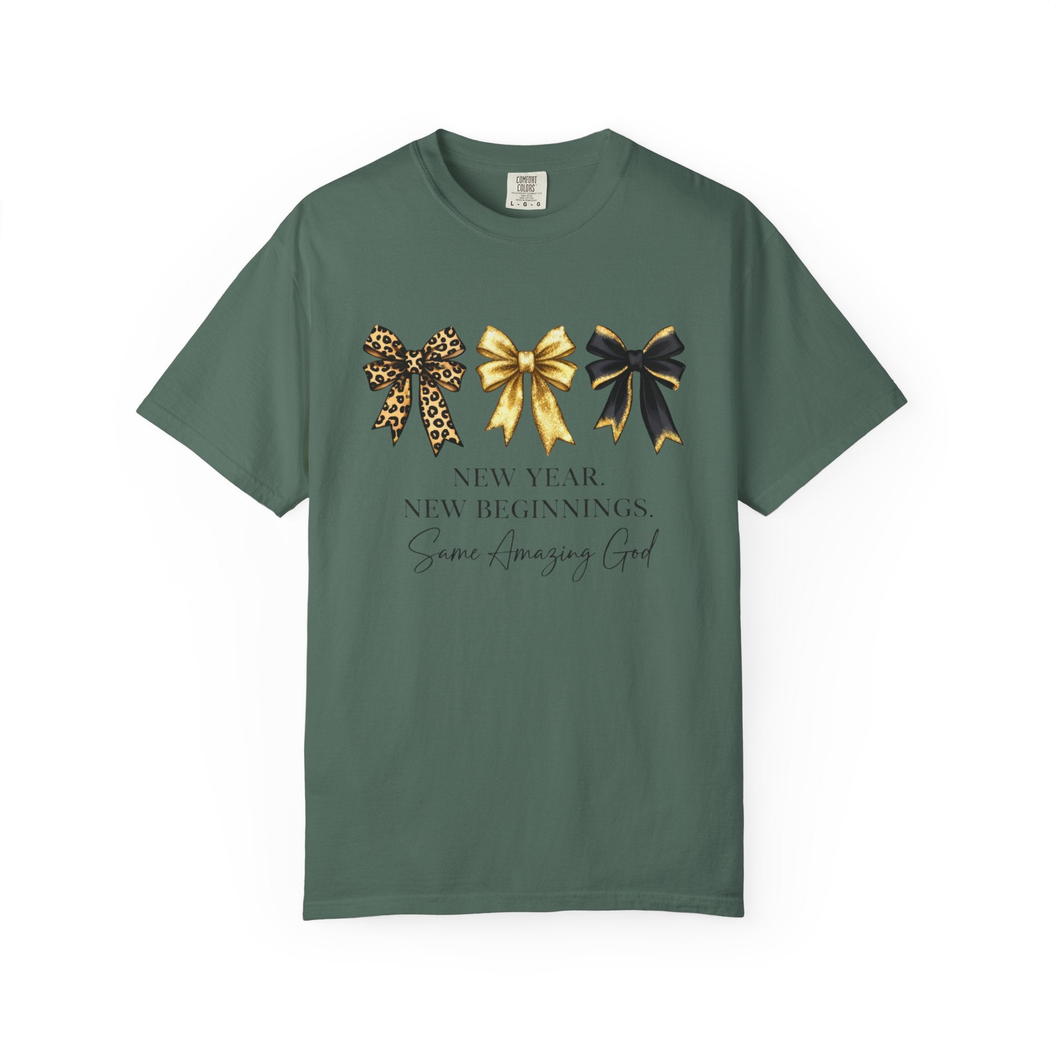 T-Shirt — "New Year, New Beginnings" Gold & Black Bow Graphic Tee