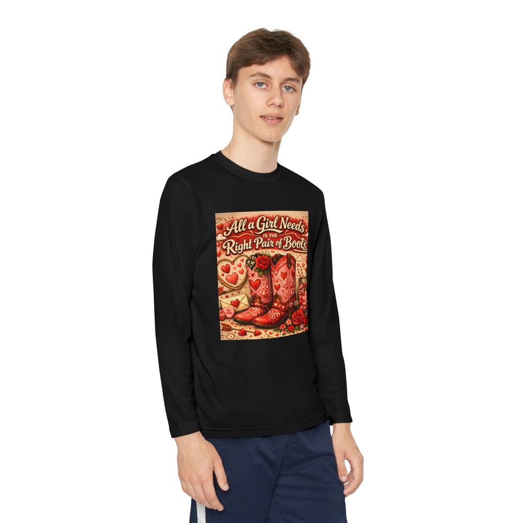 Youth Long Sleeve Tee — "All a Girl Needs is the Right Pair of Boots" Western Graphic