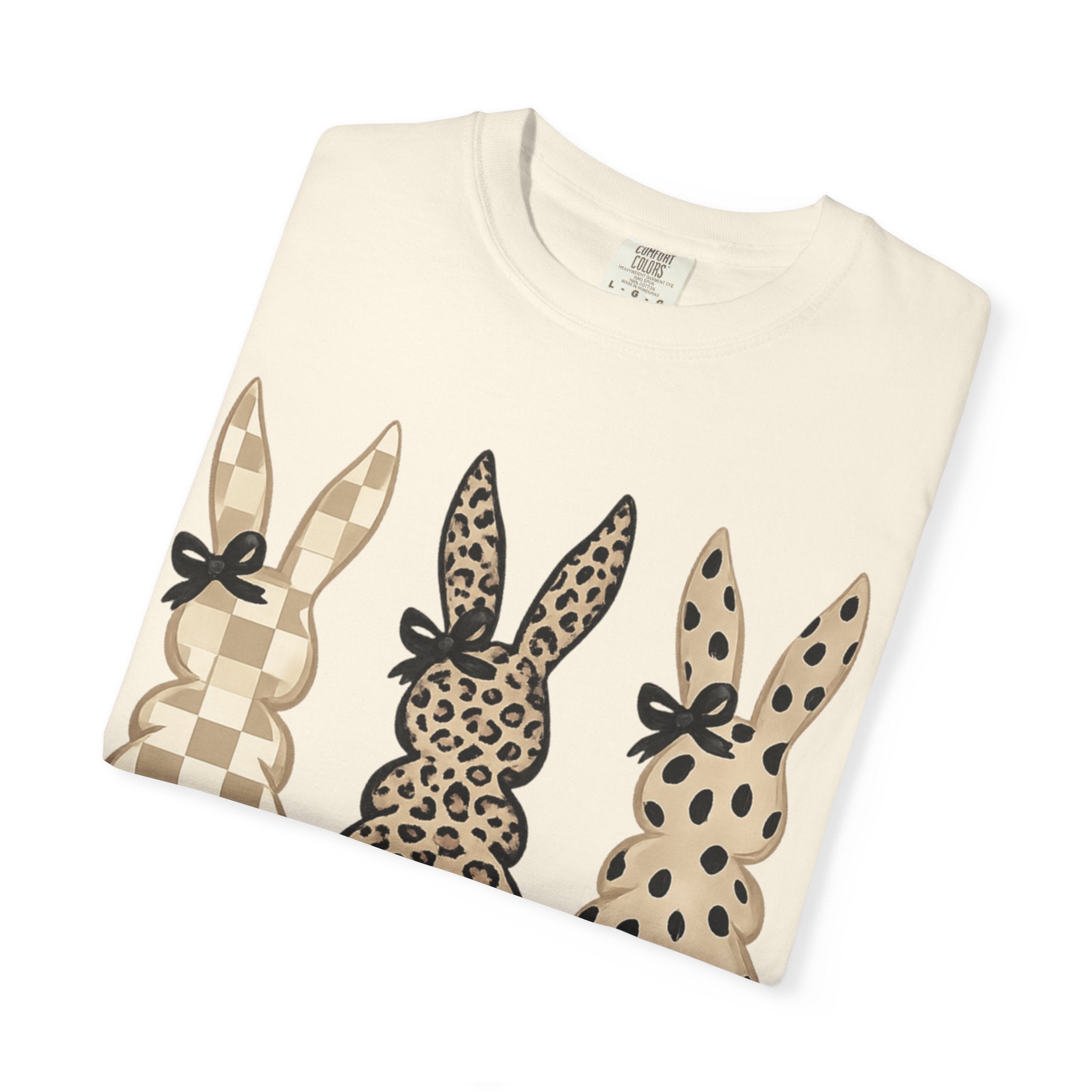 Easter Bunny Trio T-Shirt — Neutral Plaid, Leopard & Polka Dot Bunnies