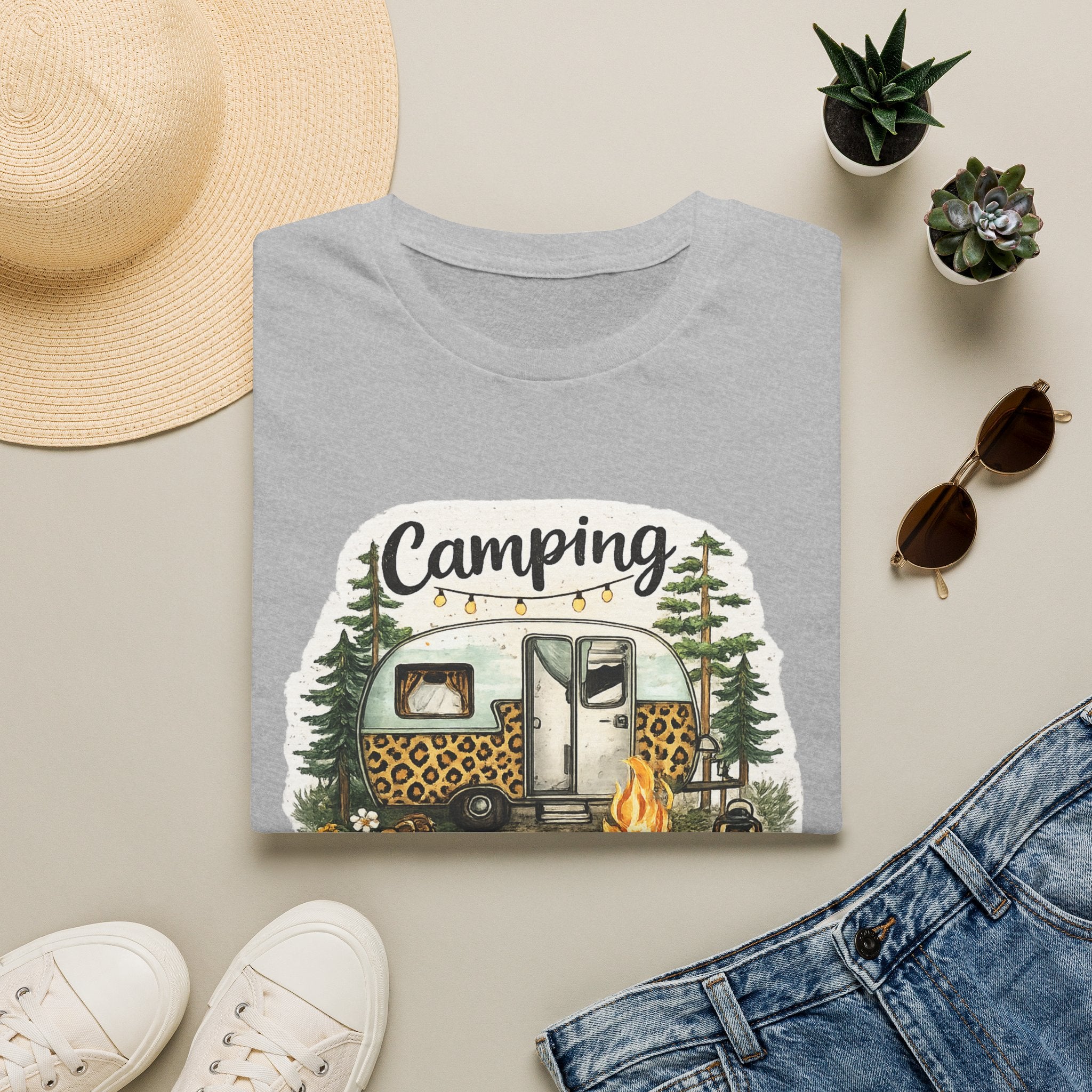 Camping Is My Happy Place T‑Shirt — Leopard Camper Graphic Tee