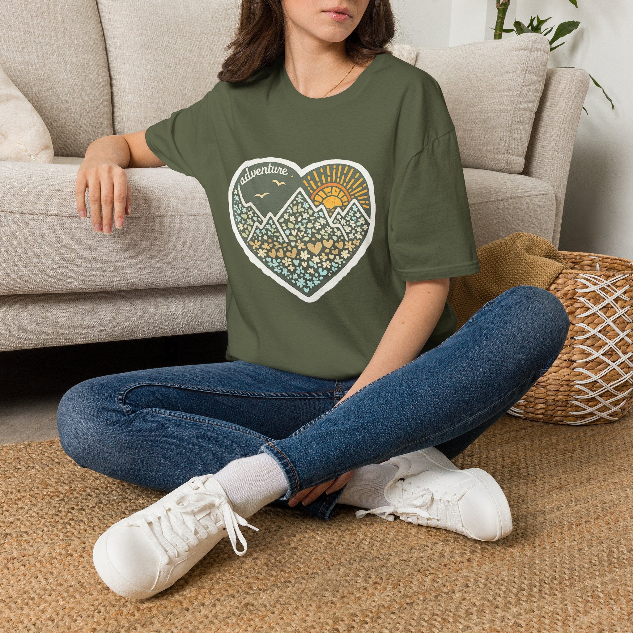 Adventure Heart Mountain T‑Shirt — Sunrise Nature Graphic Tee for Hikers & Outdoor Lovers