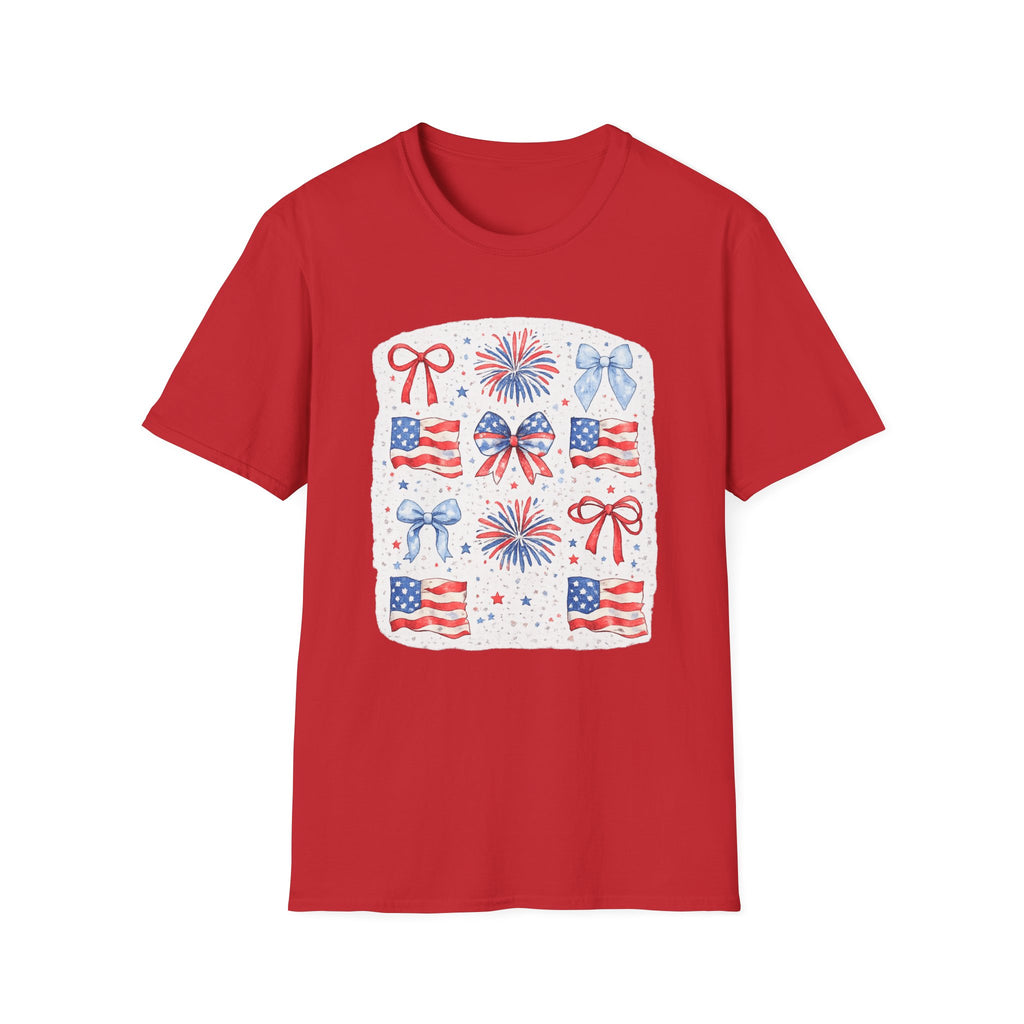 Patriotic 4th of July T-Shirt — USA Flag Bows & Fireworks Design