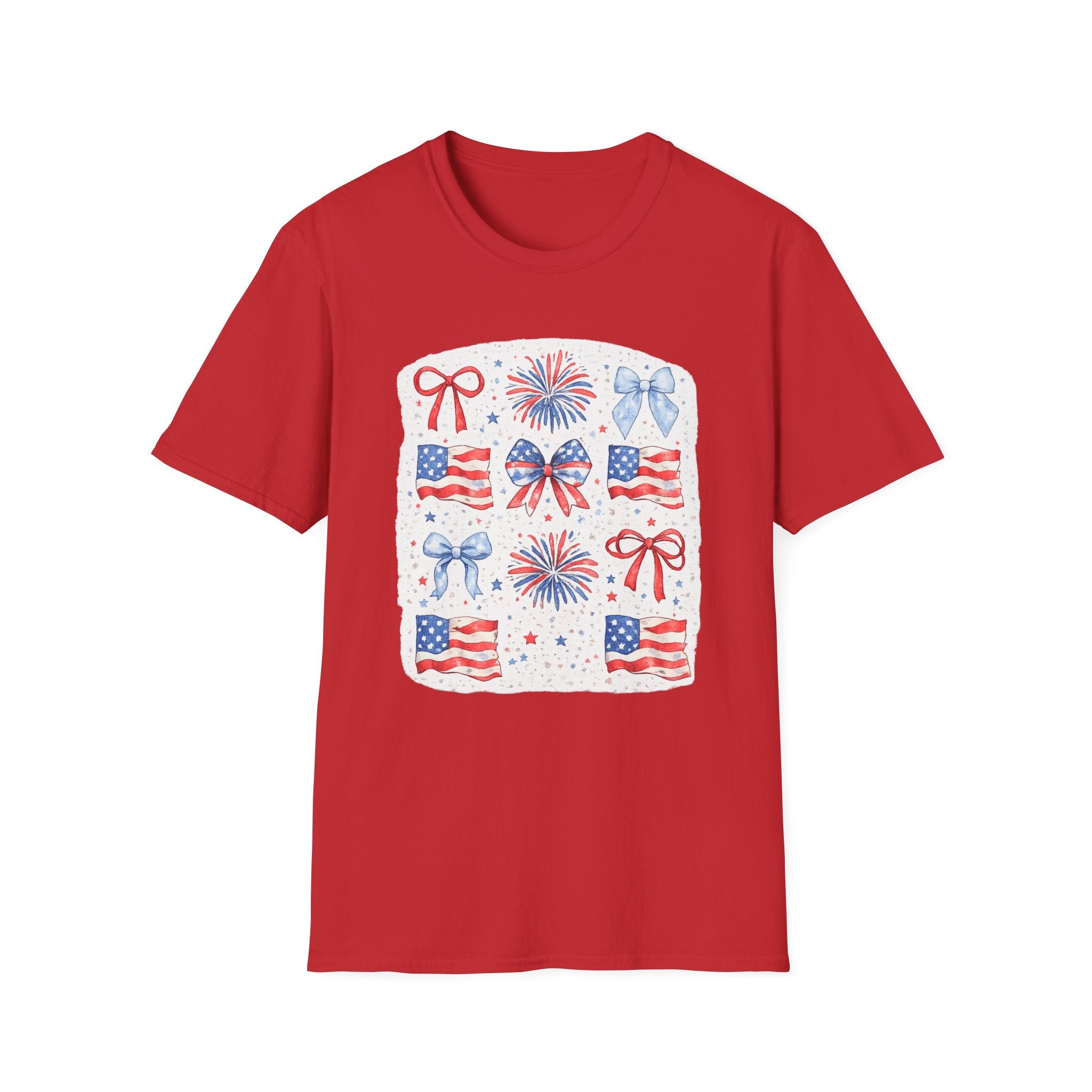 Patriotic 4th of July T-Shirt — USA Flag Bows & Fireworks Design