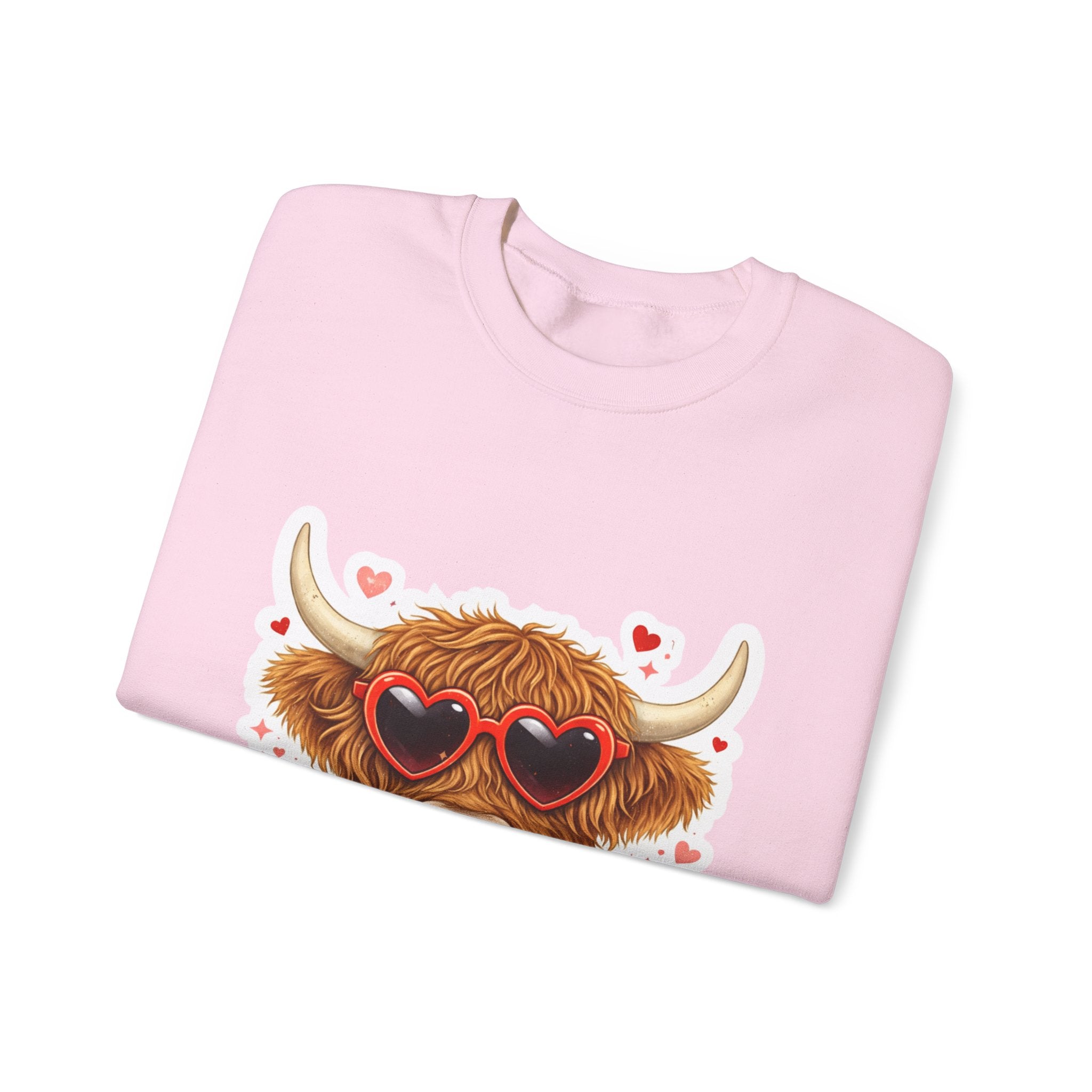 Valentine Highland Cow Sweatshirt – Cute Heart Sunglasses & Scarf Crewneck