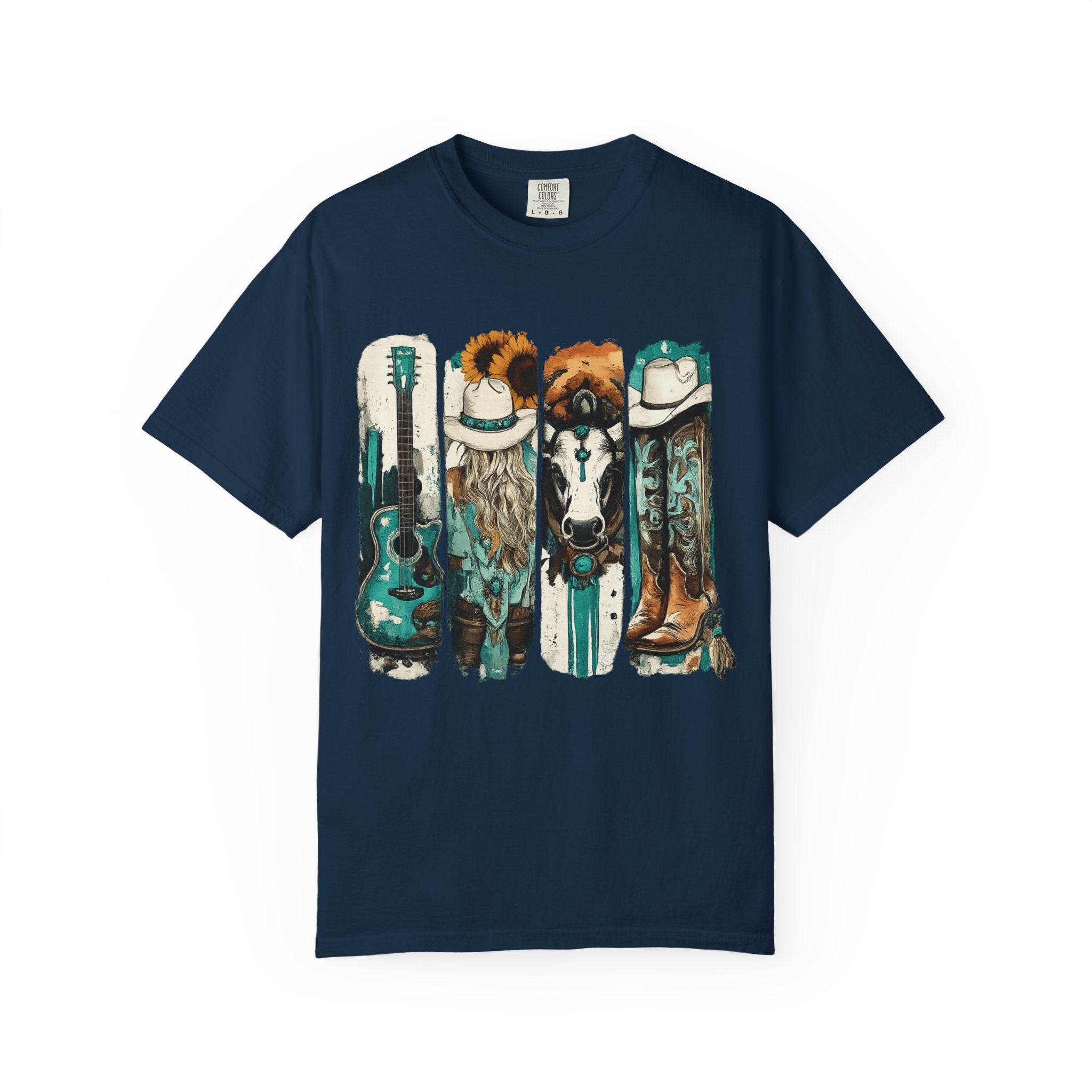 Western Music Icons T-Shirt — Rustic Guitar, Boots & Hat Graphic Tee