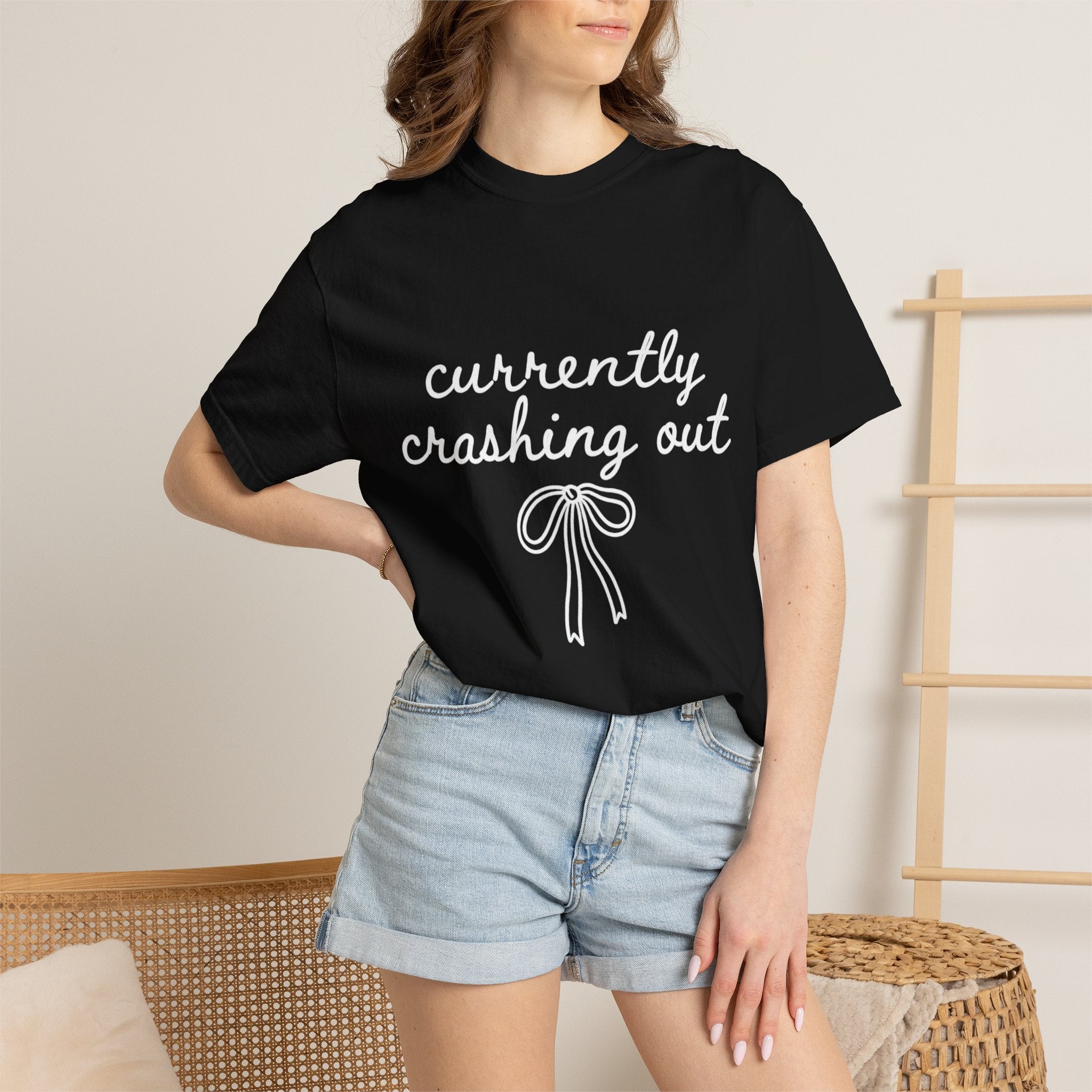 White Garment-Dyed T-Shirt — Minimal Ribbon Graphic Tee