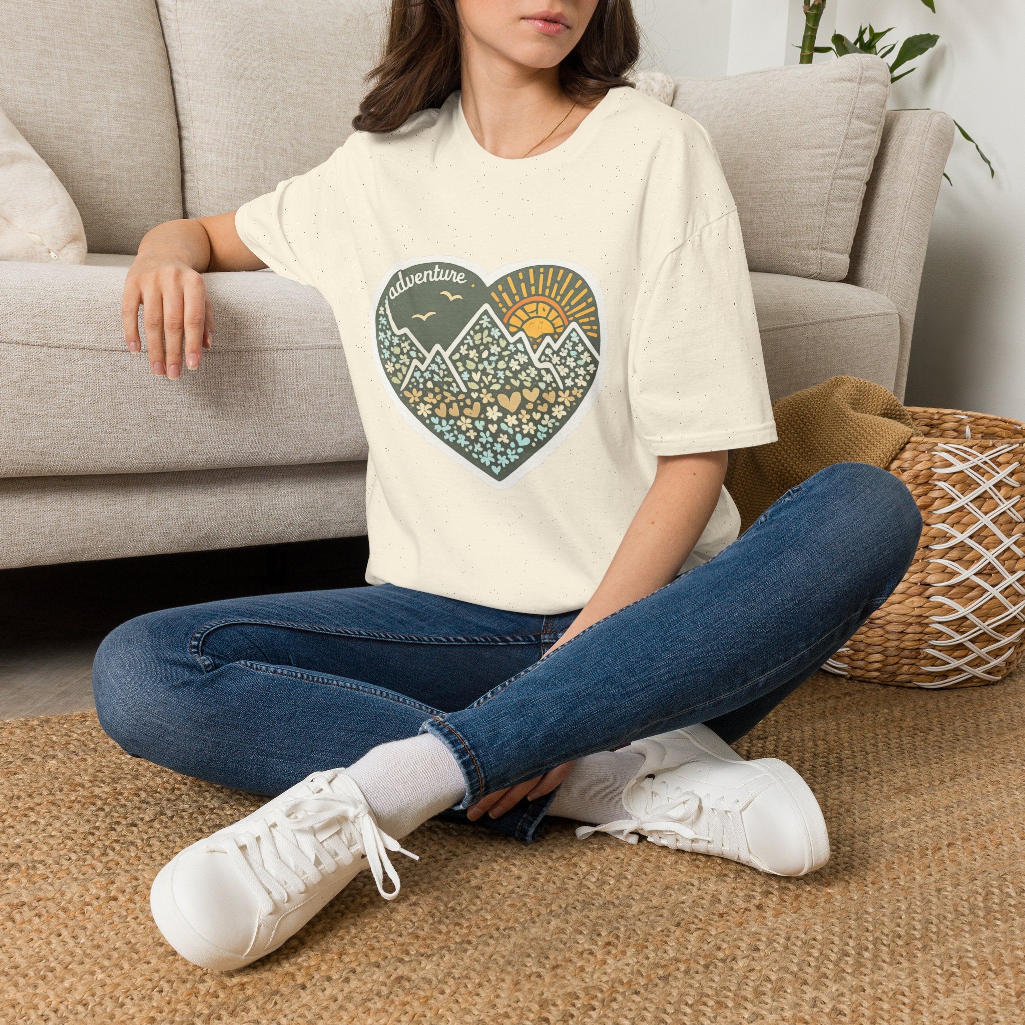 Adventure Heart Mountain T‑Shirt — Sunrise Nature Graphic Tee for Hikers & Outdoor Lovers