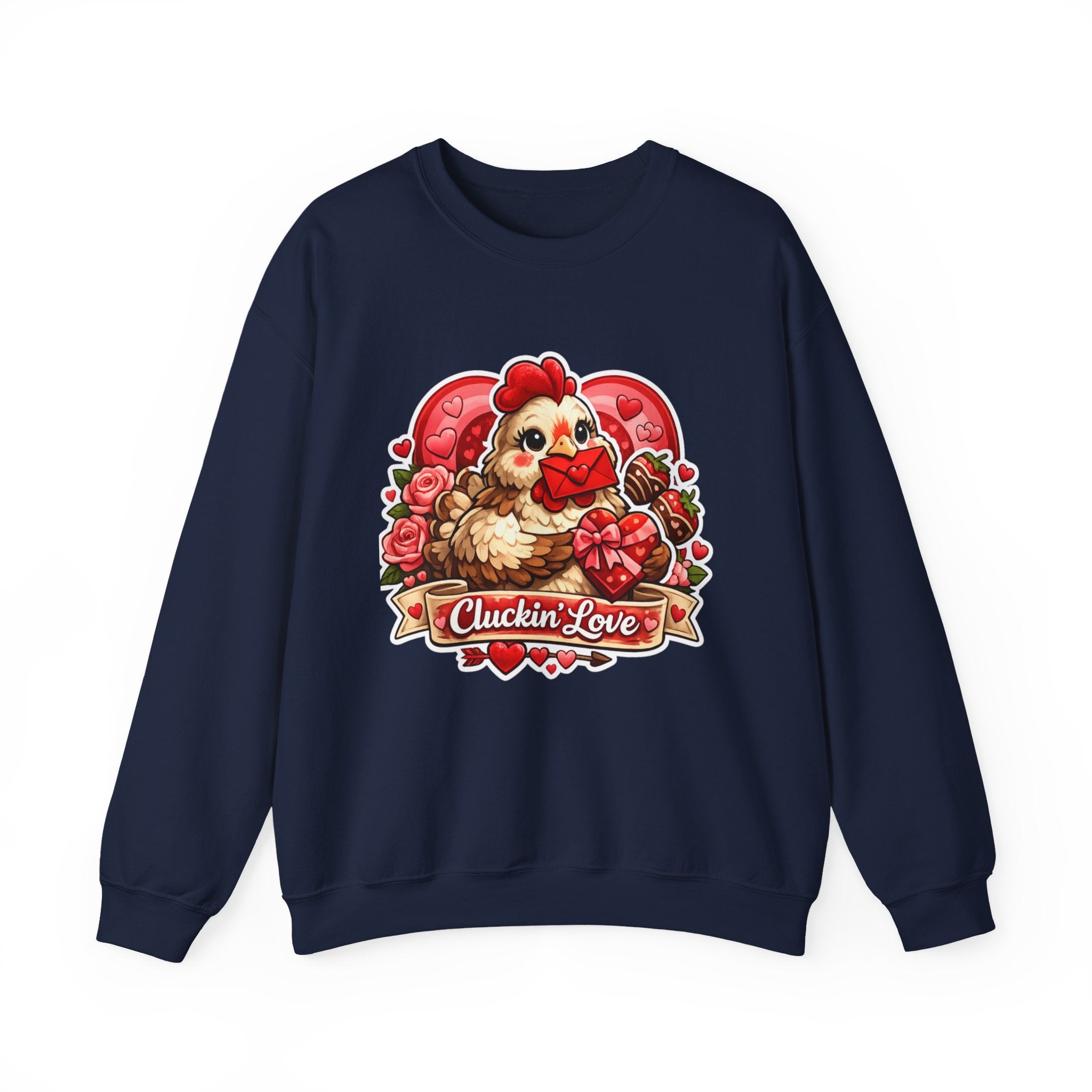 Crewneck Sweatshirt — "Cluckin' Love" Cute Chicken Valentine Design
