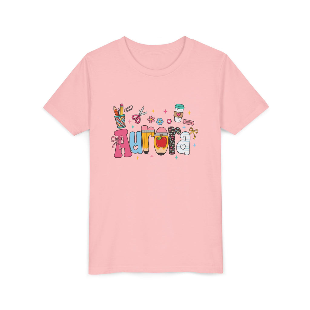 Aurora Kids' Name Tee — Colorful School Supplies Graphic Youth T-Shirt