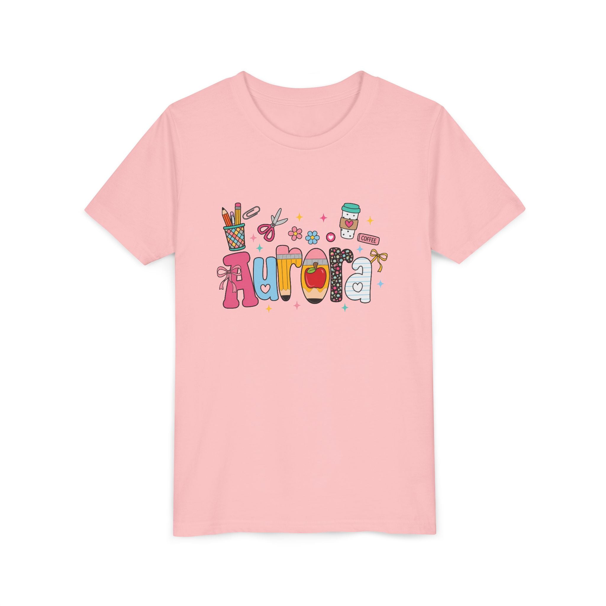Aurora Kids' Name Tee — Colorful School Supplies Graphic Youth T-Shirt