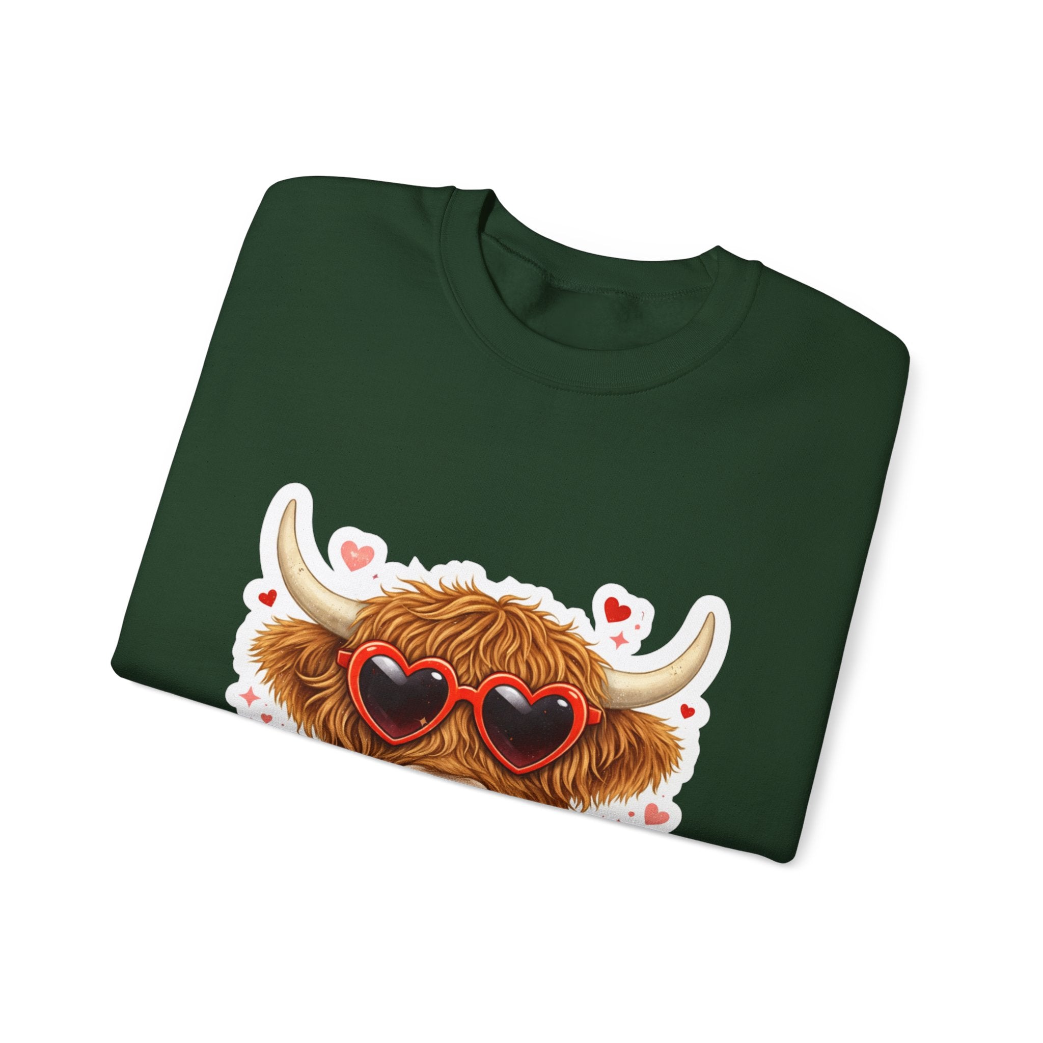 Valentine Highland Cow Sweatshirt – Cute Heart Sunglasses & Scarf Crewneck