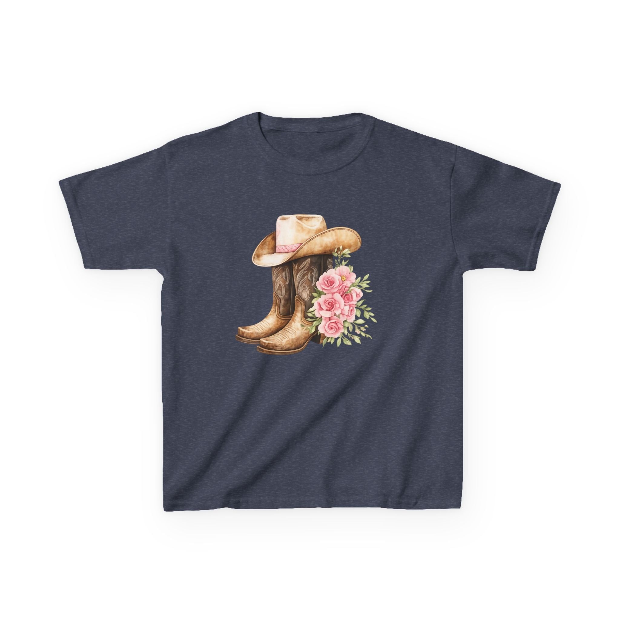 Kids Western Tee — Cowboy Hat & Boots with Pink Floral Design