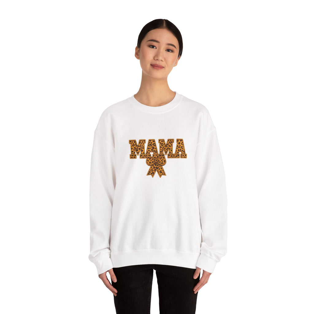 Mama Leopard Print Crewneck Sweatshirt — Floral Bow "MAMA" Graphic