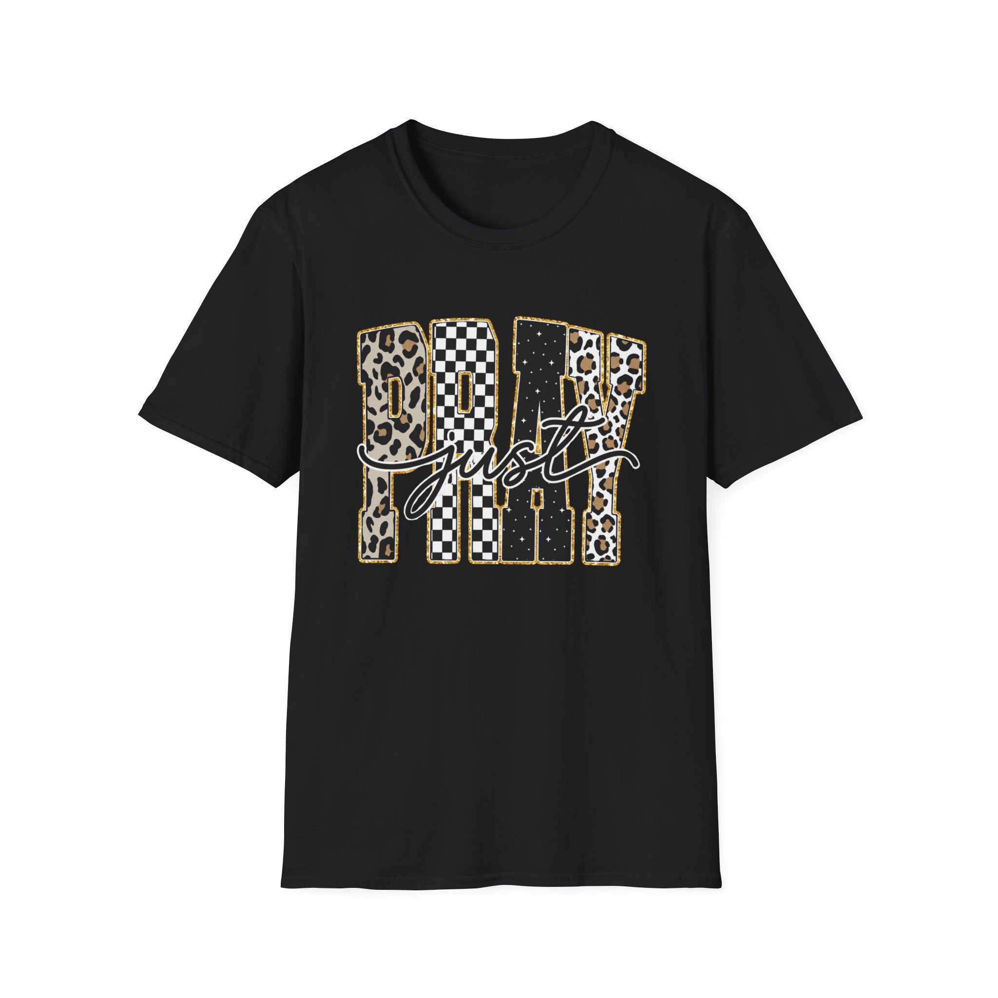 T-Shirt — "Just Day" Leopard & Checker Graphic Tee
