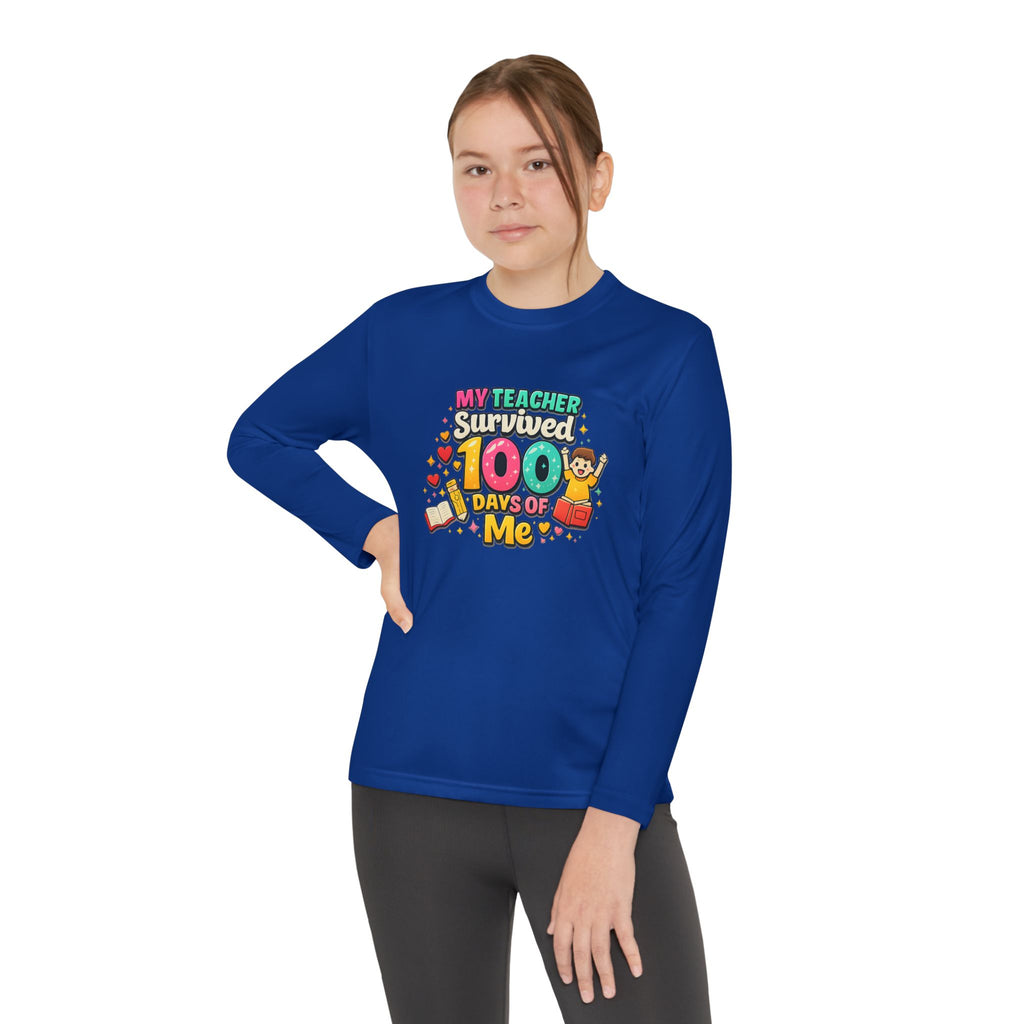 Kids Long Sleeve Tee — “My Teacher Survived 100 Days of Me” Colorful Celebration Shirt