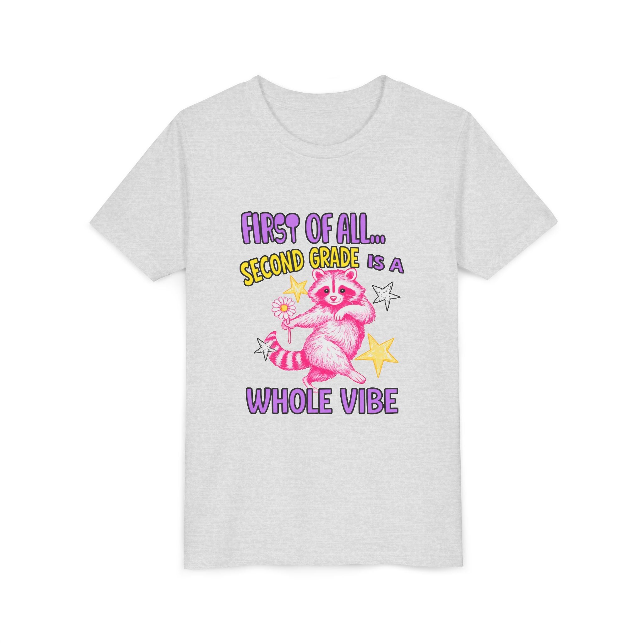 Youth Tee — "First of All... Second Grade Is a Whole Vibe" Pink Raccoon Back-to-School Shirt