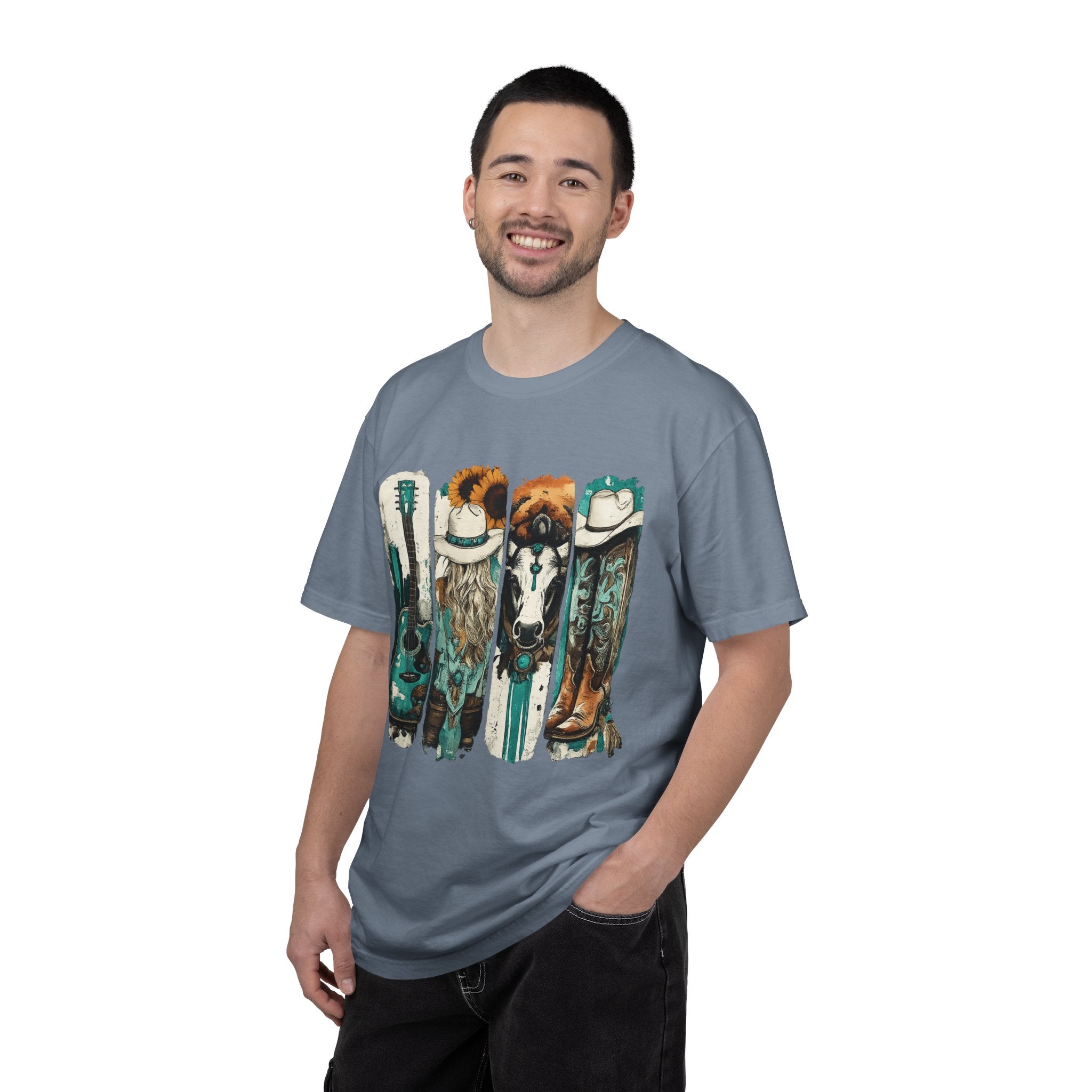 Western Music Icons T-Shirt — Rustic Guitar, Boots & Hat Graphic Tee