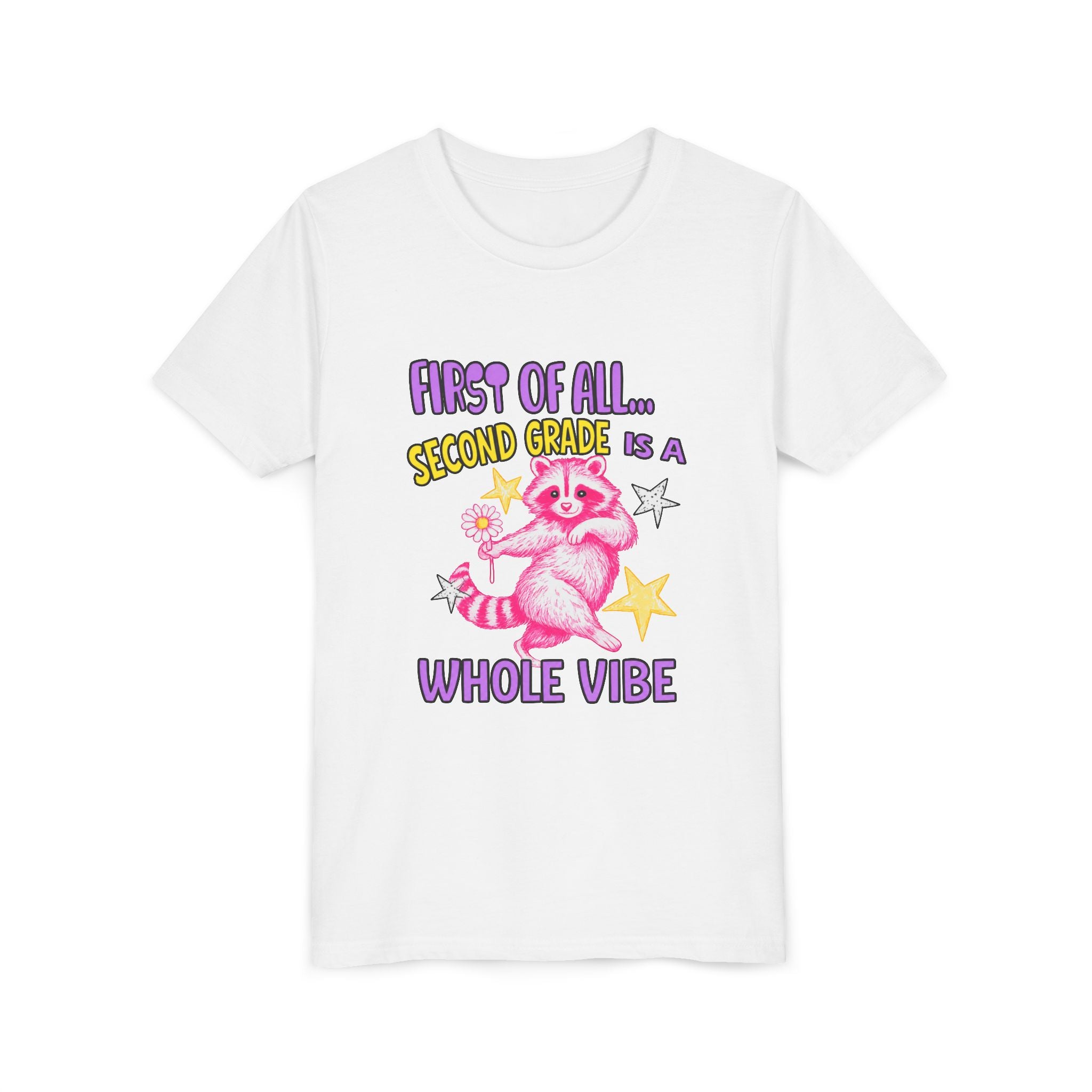 Youth Tee — "First of All... Second Grade Is a Whole Vibe" Pink Raccoon Back-to-School Shirt
