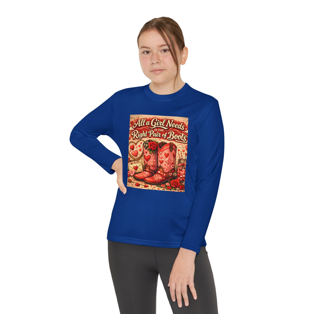 Youth Long Sleeve Tee — "All a Girl Needs is the Right Pair of Boots" Western Graphic