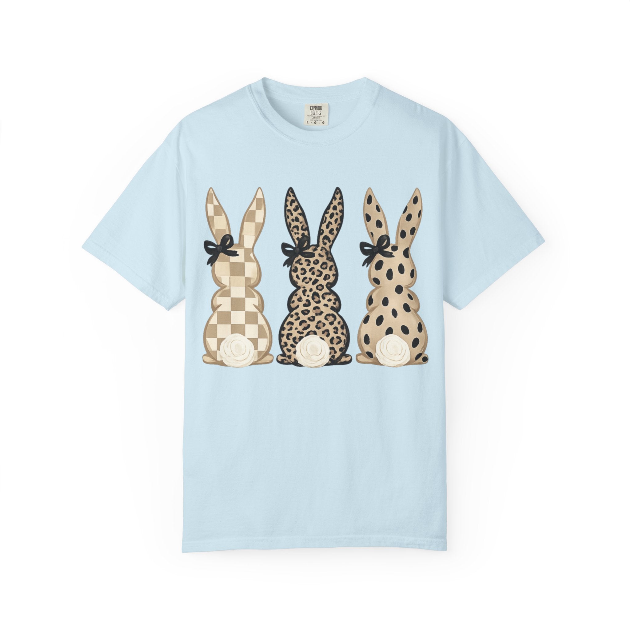 Easter Bunny Trio T-Shirt — Neutral Plaid, Leopard & Polka Dot Bunnies