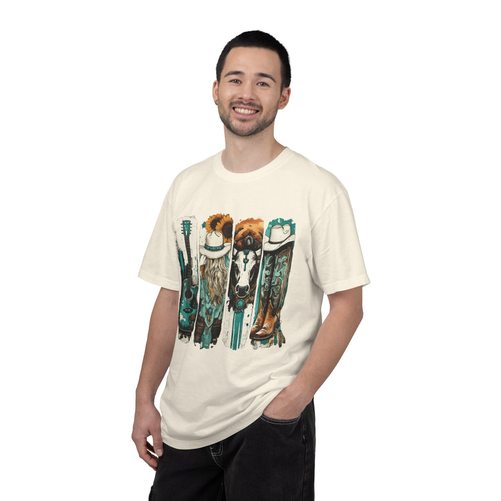 Western Music Icons T-Shirt — Rustic Guitar, Boots & Hat Graphic Tee