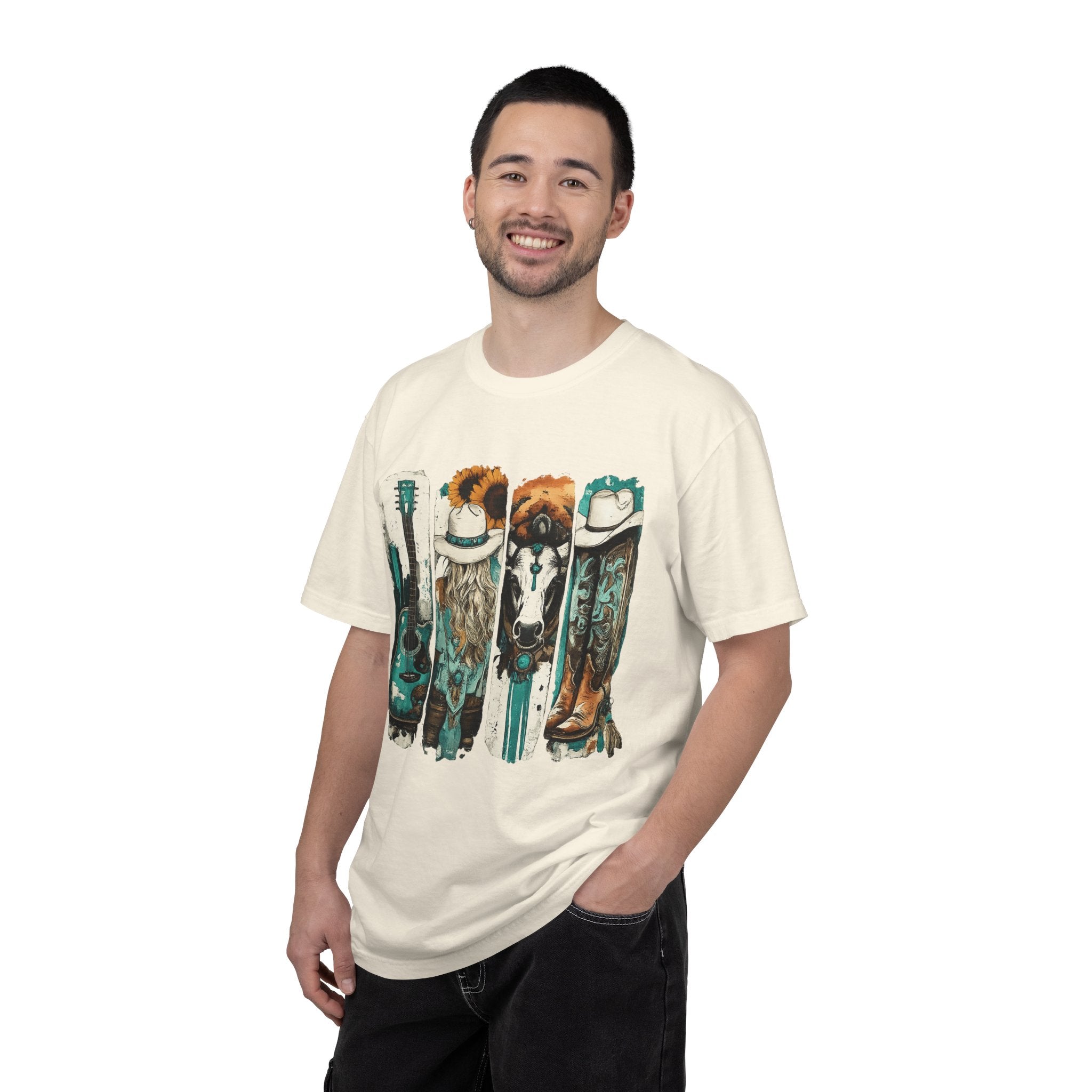 Western Music Icons T-Shirt — Rustic Guitar, Boots & Hat Graphic Tee